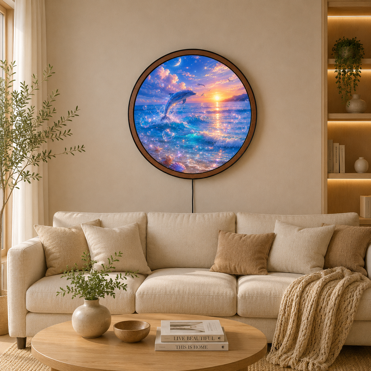 Handmade LED Dolphin Sunset Wall Art - Wooden Frame Acrylic Lamp Decor LED013