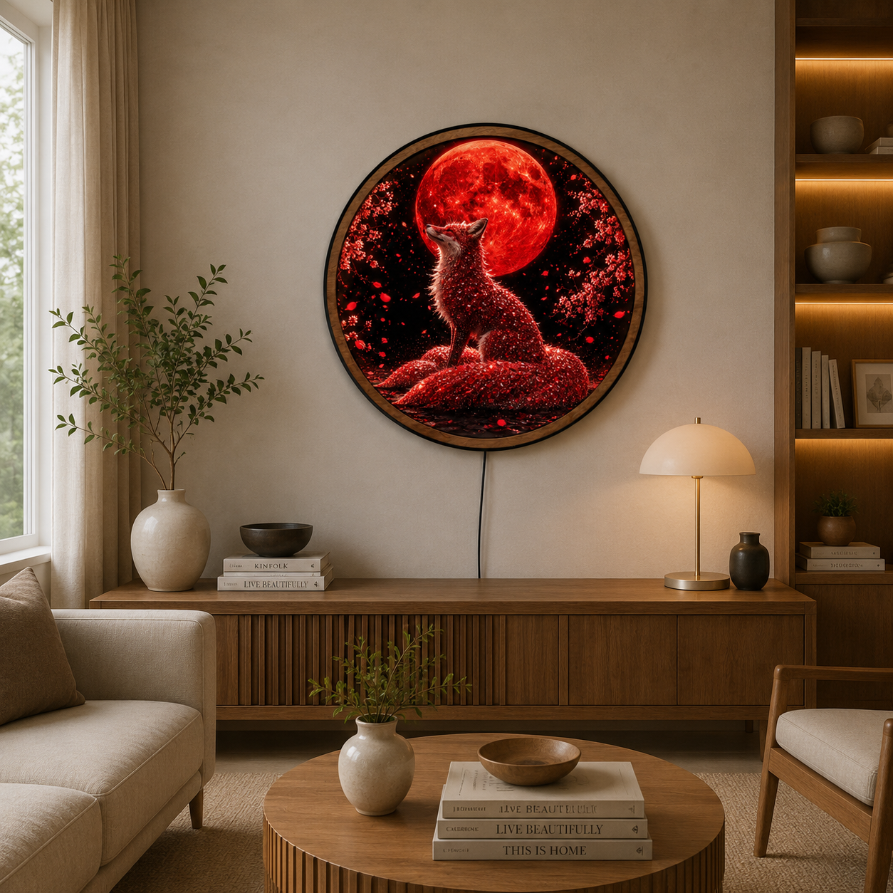 Handmade LED Fantasy Blood Moon Fox Wall Art - Wooden Frame Acrylic Lamp Decor LED057