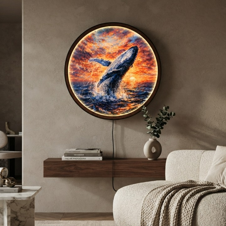 Handmade LED Humpback Whale Wall Art - Ocean Sunset Wooden Frame Lamp Decor LED004