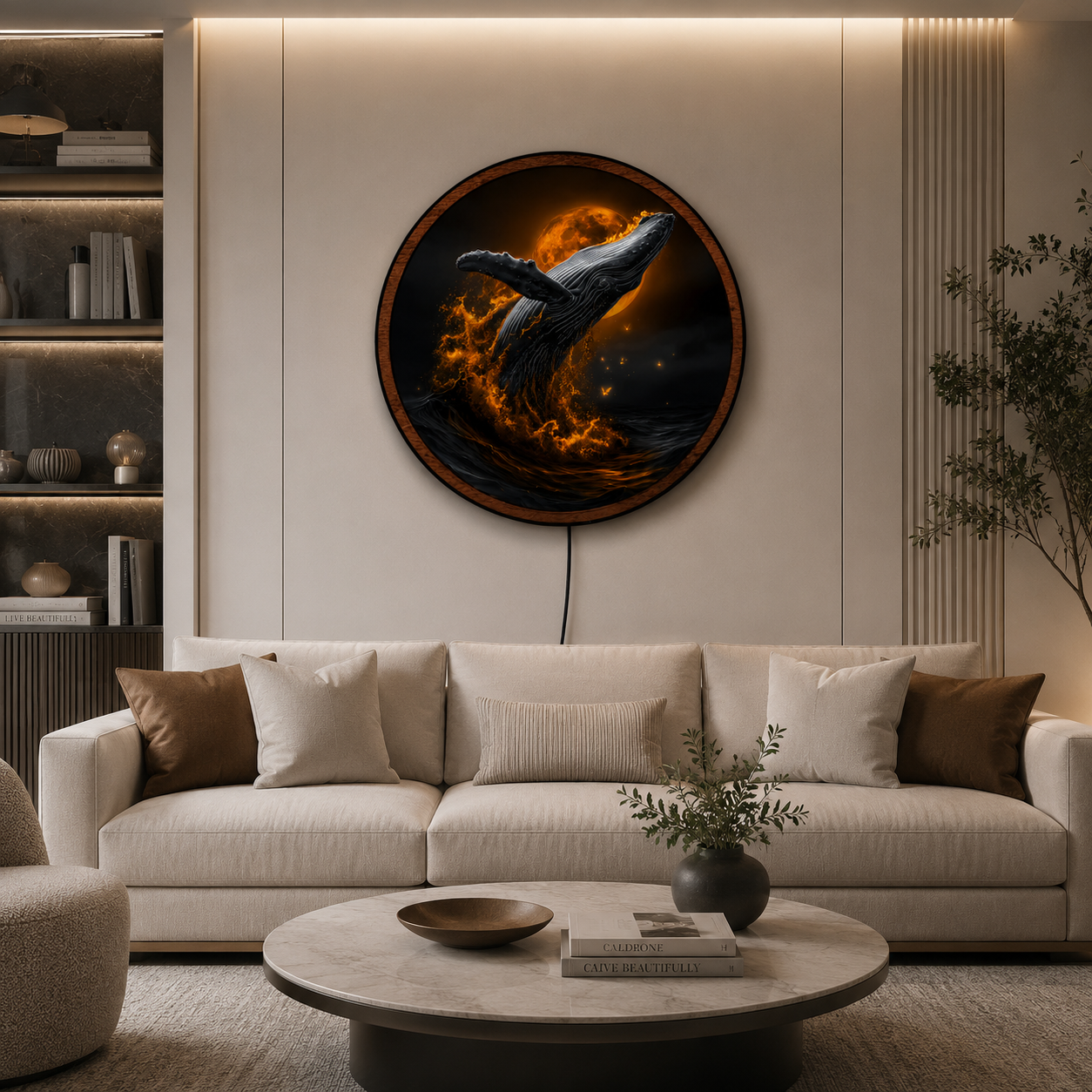 Handmade LED Moon Whale Wall Art - Wildlife Under Moonlight, Wooden Frame Acrylic Lamp Decor LED039