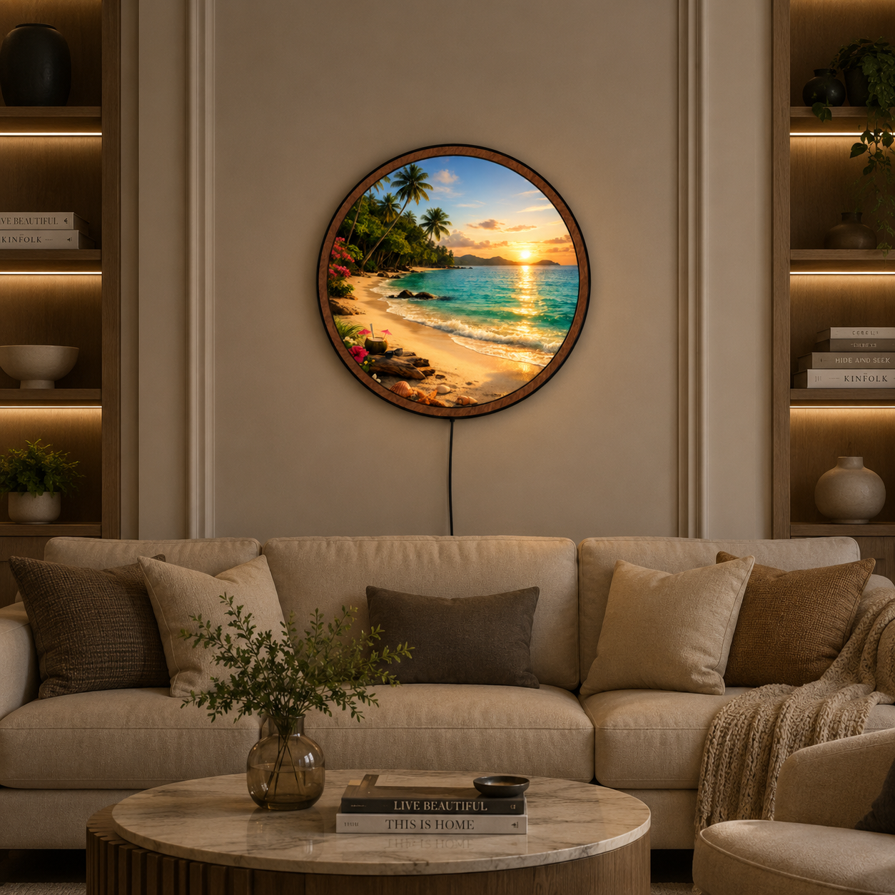 Handmade LED Tropical Beach Wall Art - Ocean Sunset Wooden Frame Lamp Decor LED007