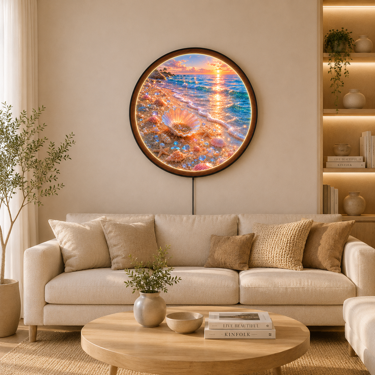 Handmade LED Seashell Beach Wall Art - Wooden Frame Acrylic Lamp Decor LED011