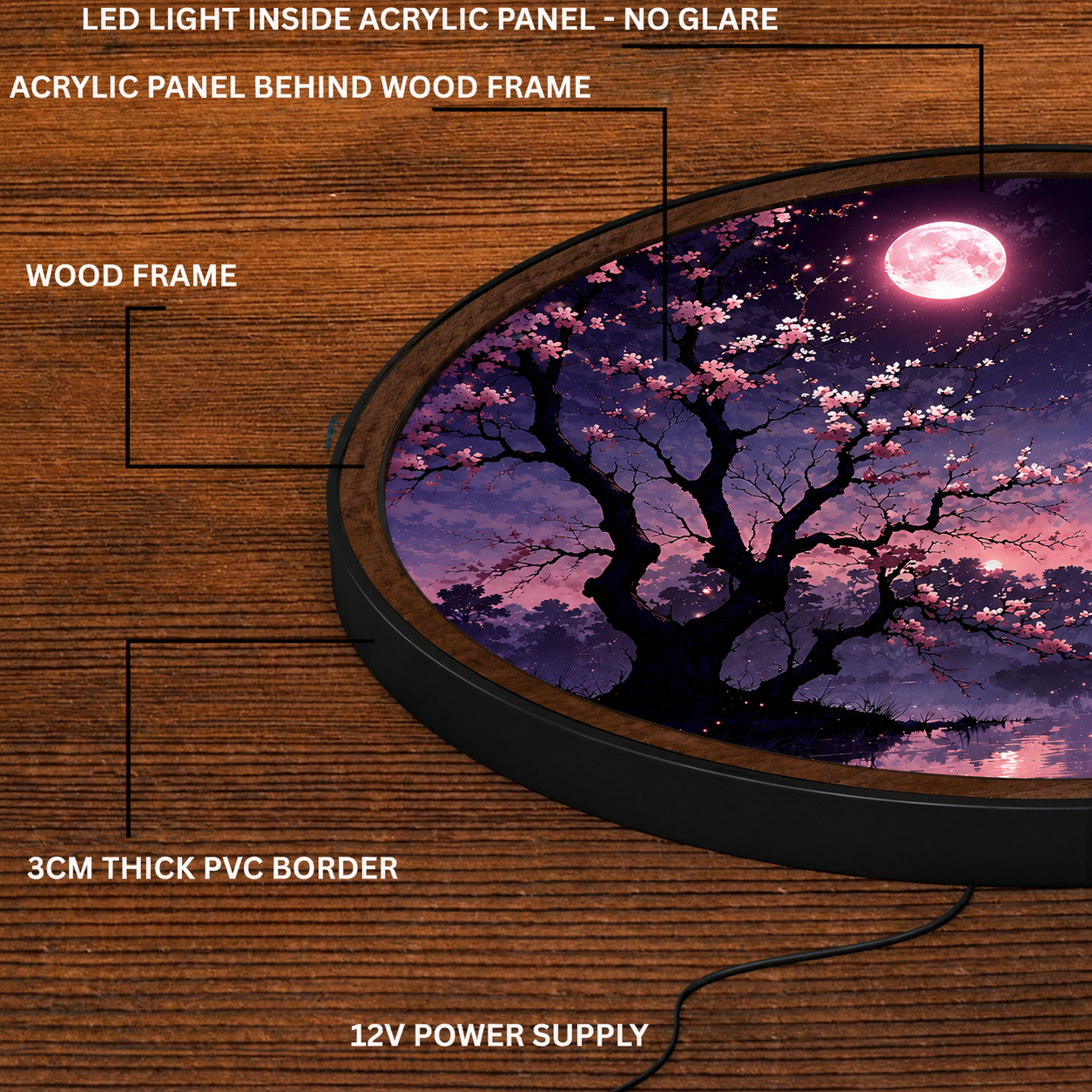 Handmade LED Cherry Blossom Moon Wall Art - Wooden Frame Acrylic Lamp Decor LED001