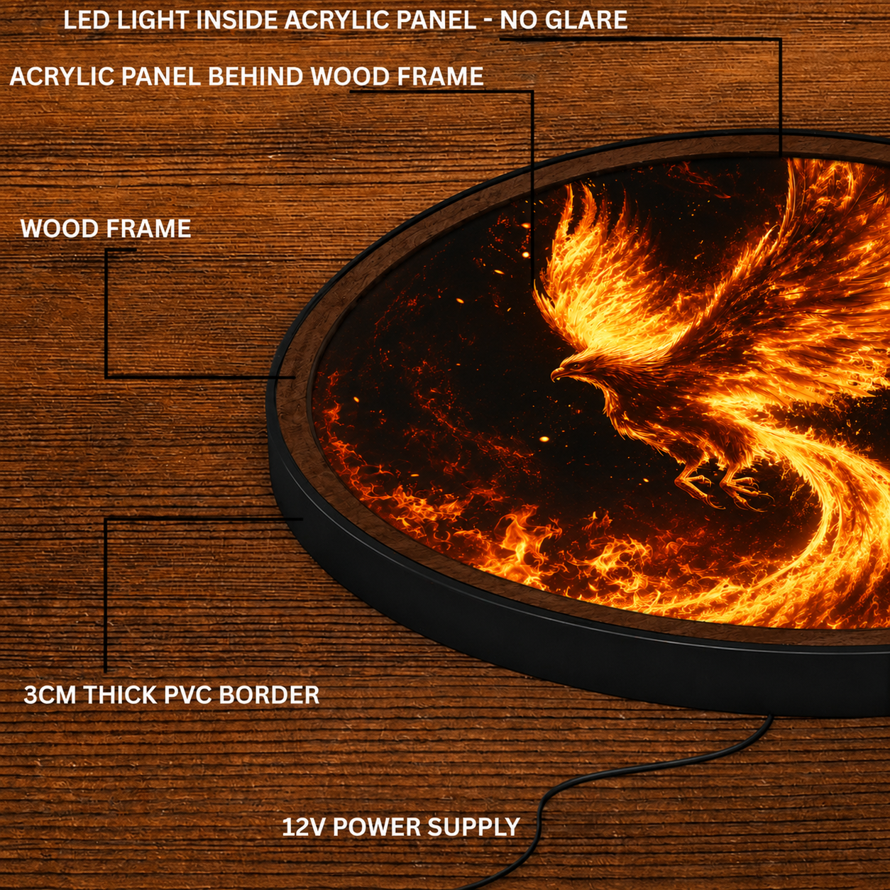 Handmade LED Fantasy Phoenix Wall Art - Wooden Frame Acrylic Lamp Decor LED030