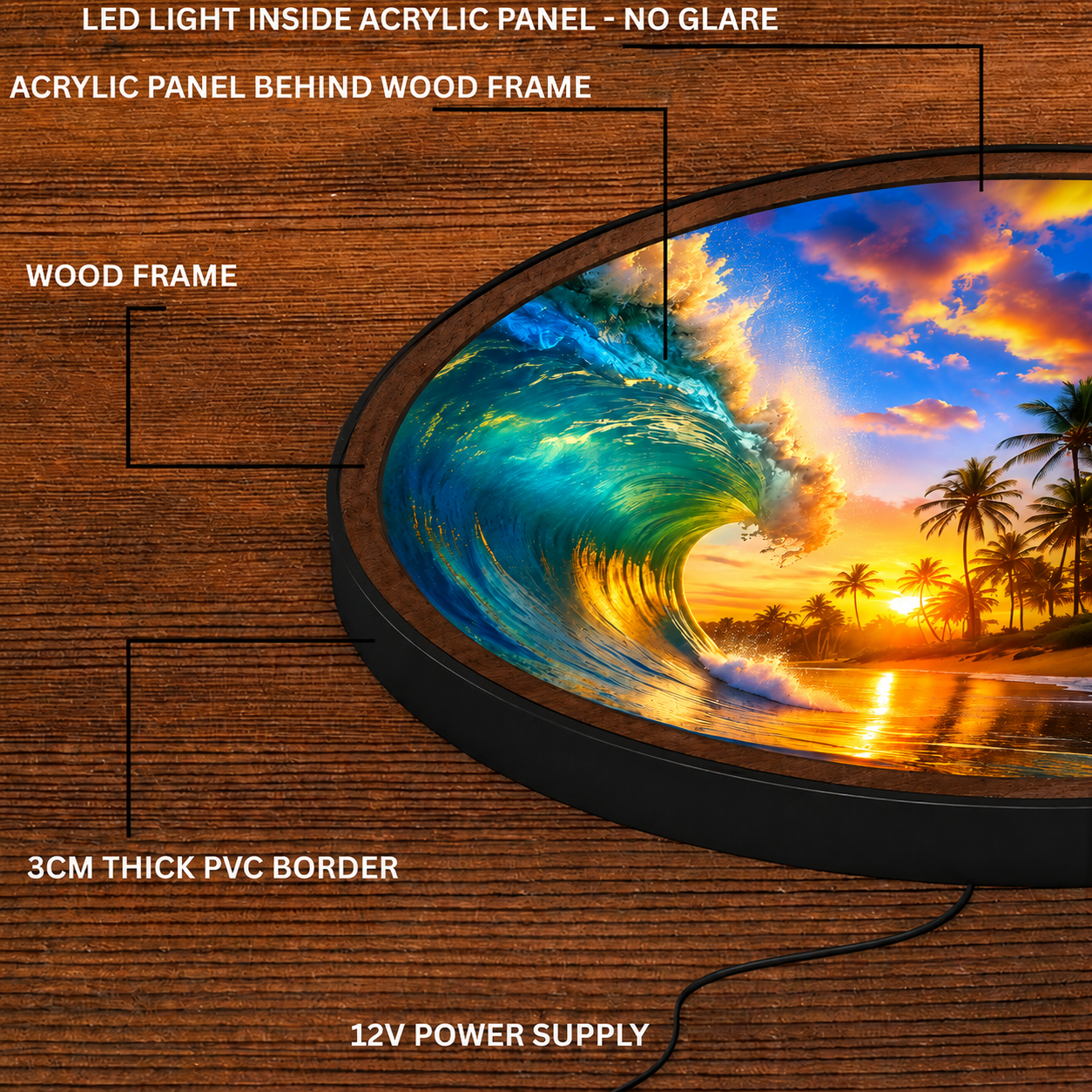 Handmade LED Ocean Wave Wall Art - Tropical Sunset Wooden Frame Lamp Decor LED005