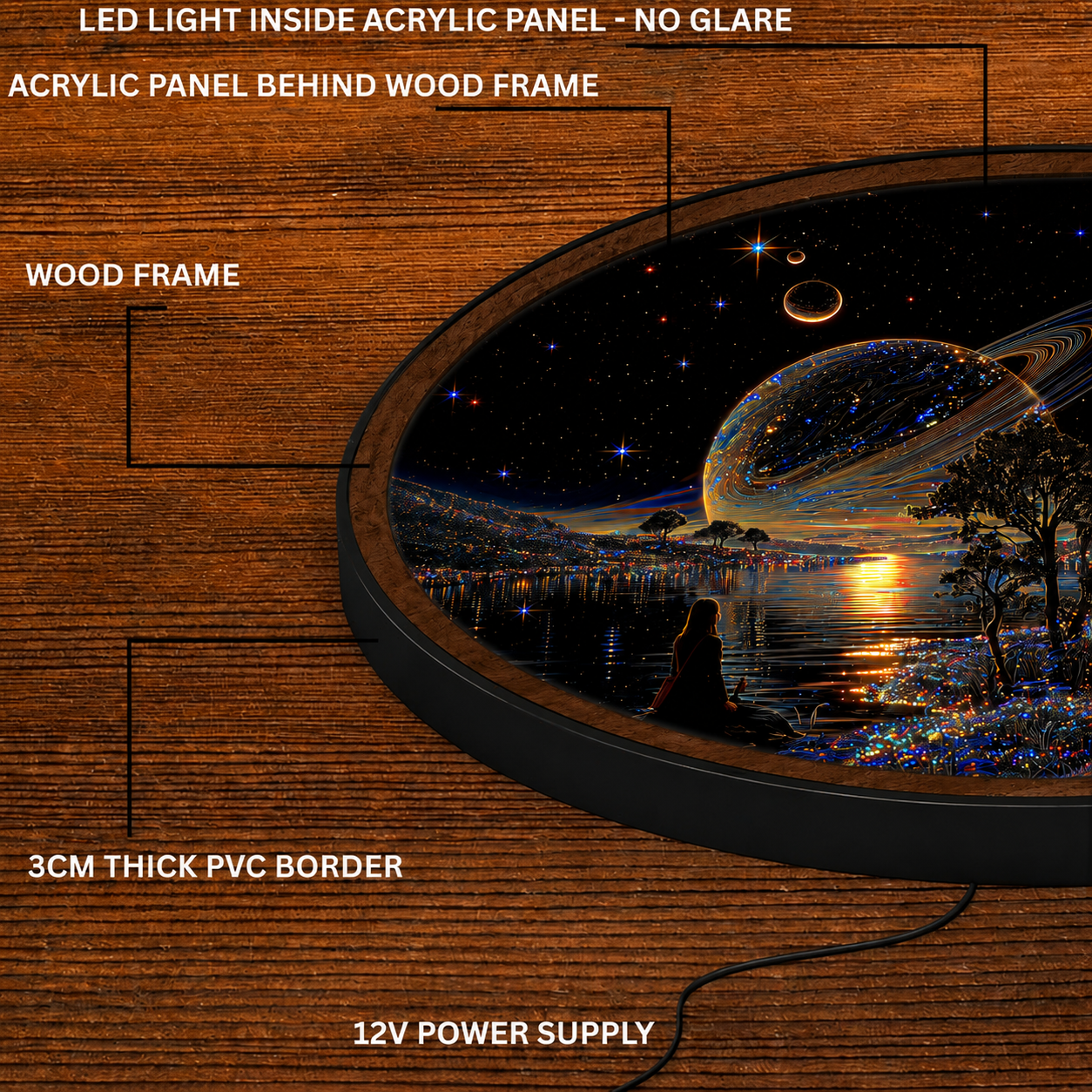 Handmade LED Cosmic Planet Wall Art - Wooden Frame Acrylic Lamp Decor LED019