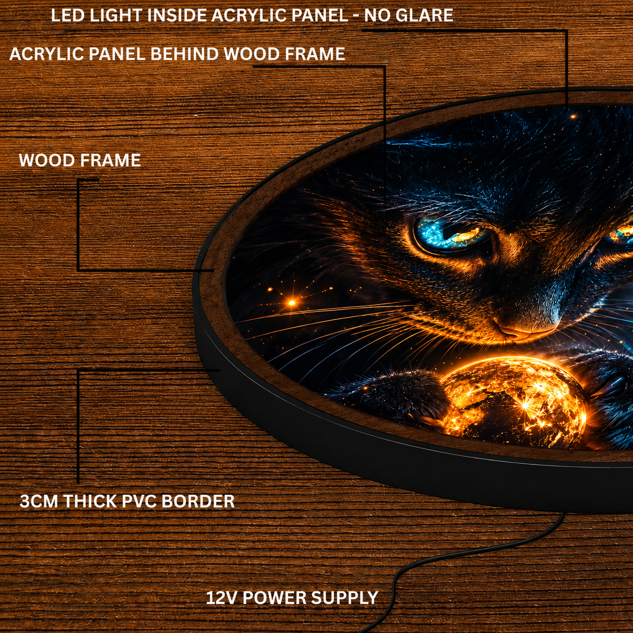 Handmade LED Fantasy Cosmic Cat Wall Art - Wooden Frame Acrylic Lamp Decor LED034