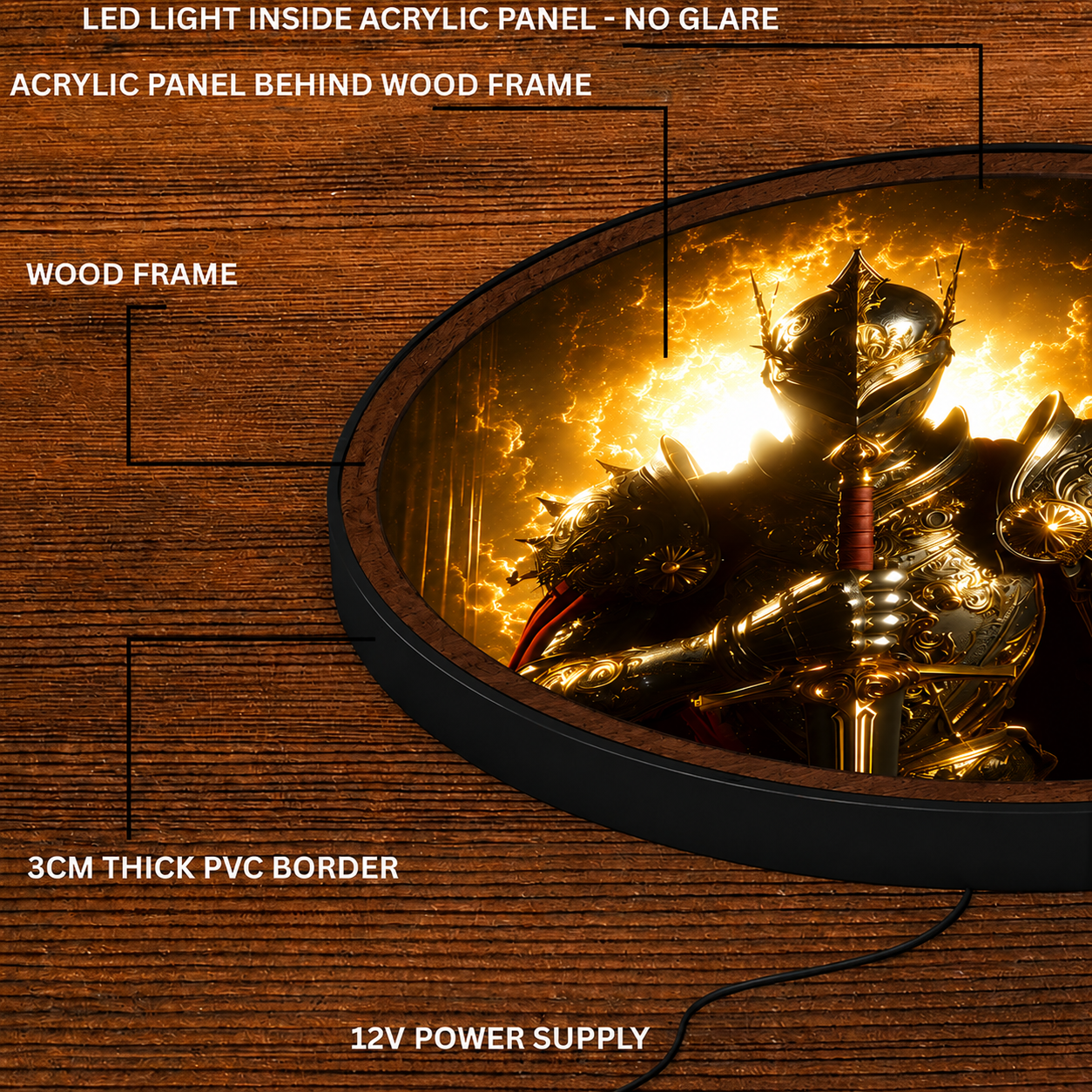 Handmade LED Fantasy Knight Wall Art - Wooden Frame Acrylic Lamp Decor LED046