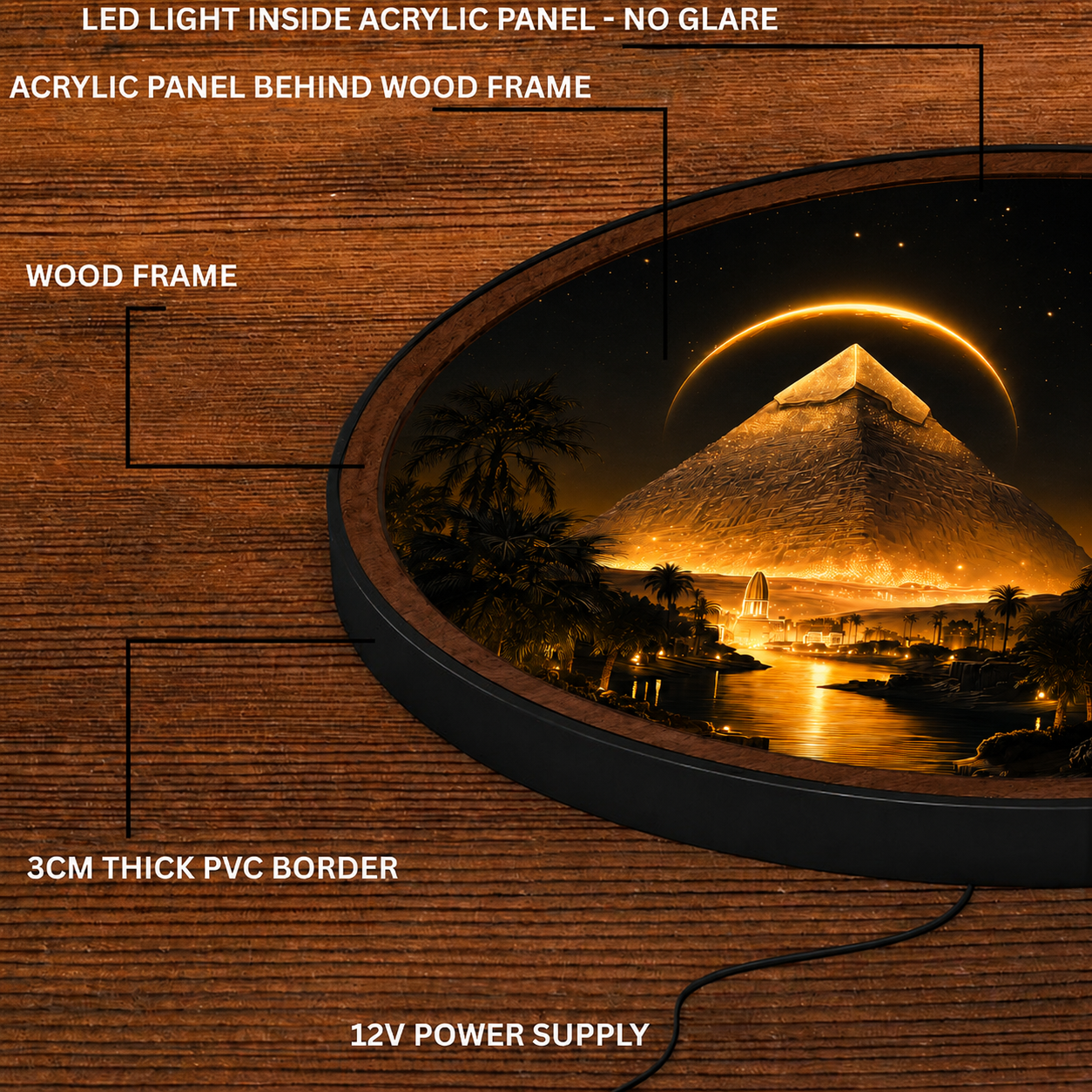 Handmade LED Egyptian Pyramid Wall Art - Wooden Frame Acrylic Lamp Decor LED041