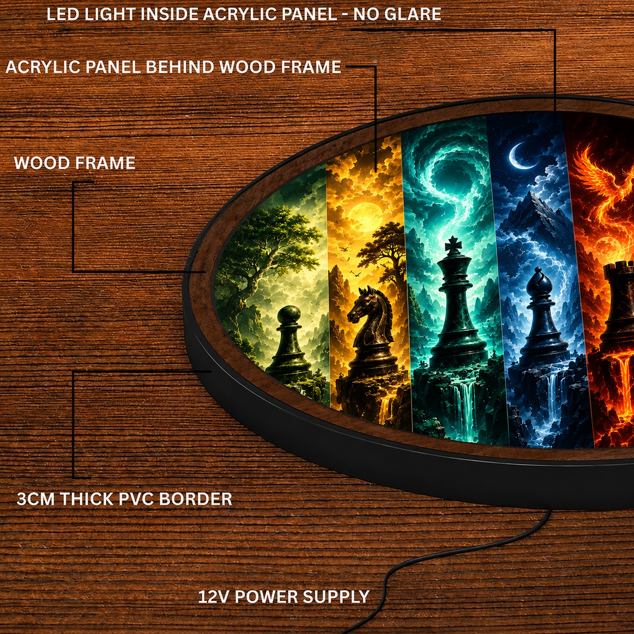 Handmade LED Fantasy Chess Wall Art - Wooden Frame Acrylic Lamp Decor LED029
