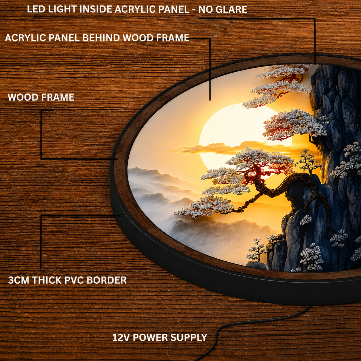 Handmade LED Mountain Sunrise Wall Art - Wooden Frame Acrylic Lamp Decor LED033