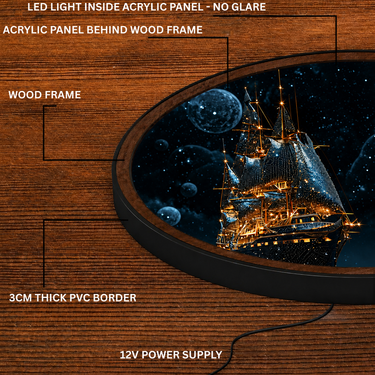 Handmade LED Fantasy Ship Wall Art - Wooden Frame Acrylic Lamp Decor LED021