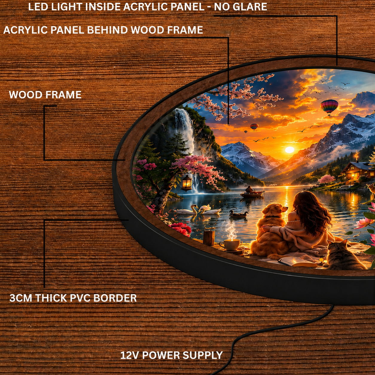Handmade LED Cozy Lakeside Wall Art - Wooden Frame Acrylic Lamp Decor LED023