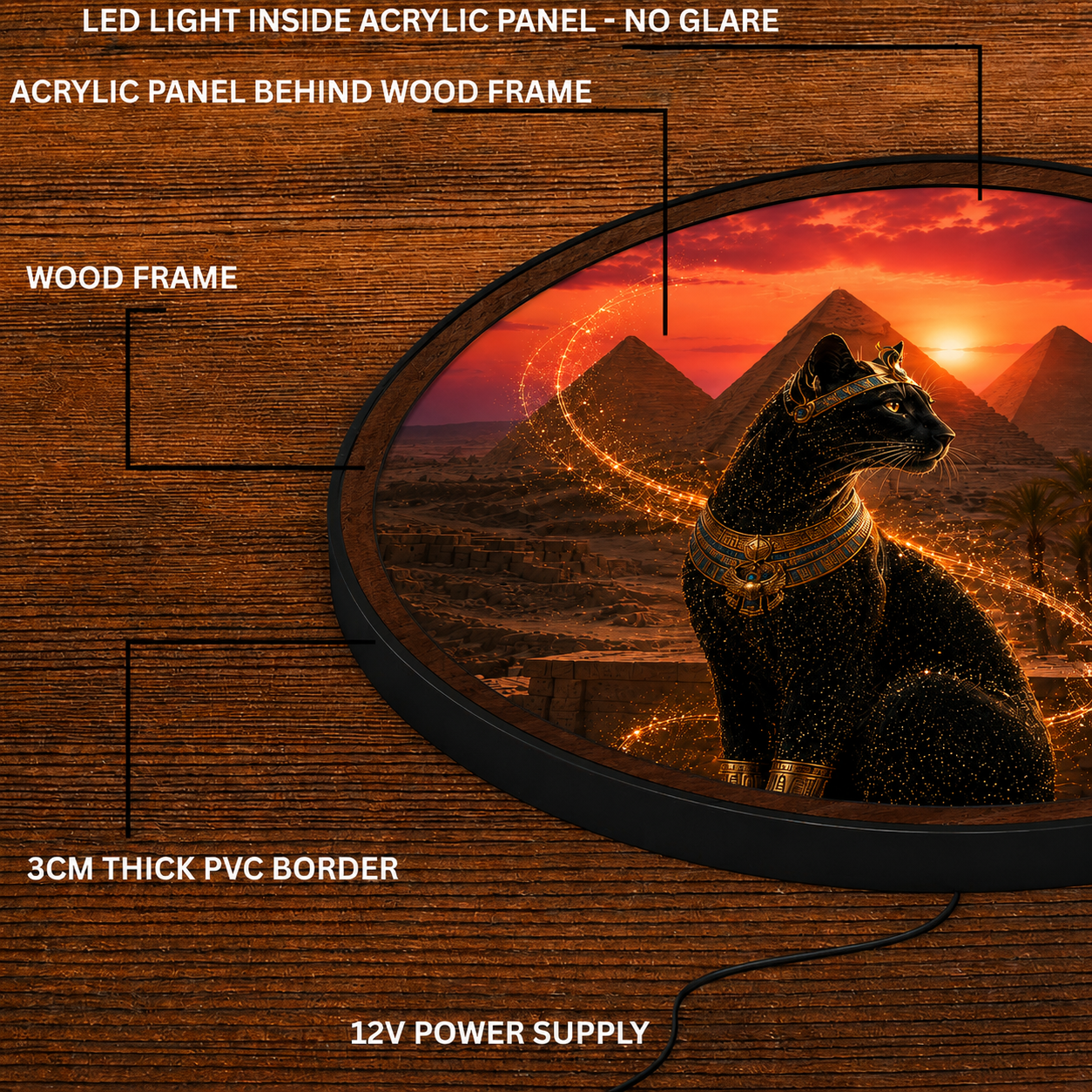 Handmade LED Fantasy Bastet Wall Art - Wooden Frame Acrylic Lamp Decor LED032
