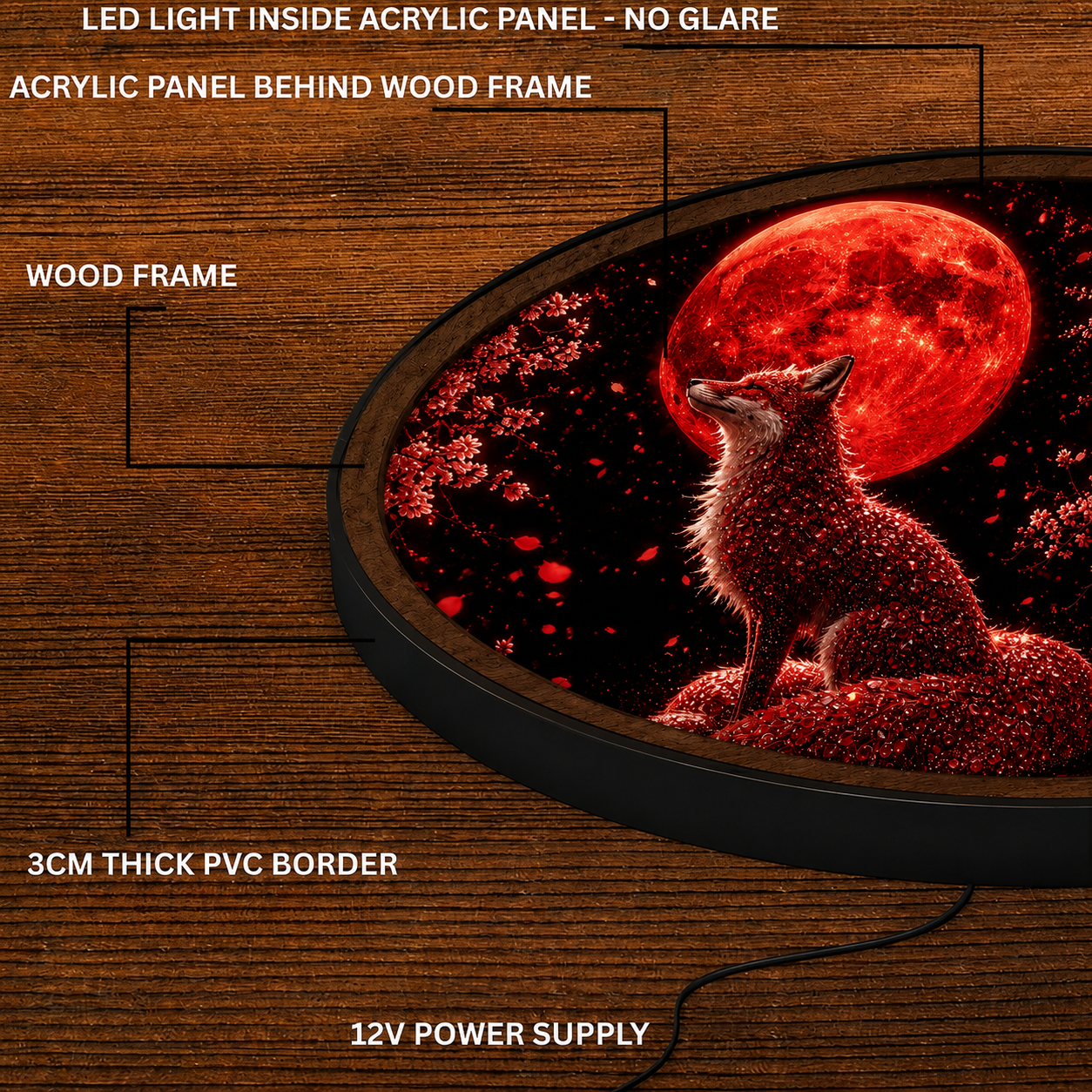 Handmade LED Fantasy Blood Moon Fox Wall Art - Wooden Frame Acrylic Lamp Decor LED057