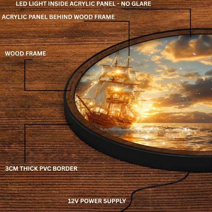 Handmade LED Sailing Ship Wall Art - Ocean Sunset Wooden Frame Lamp Decor LED008