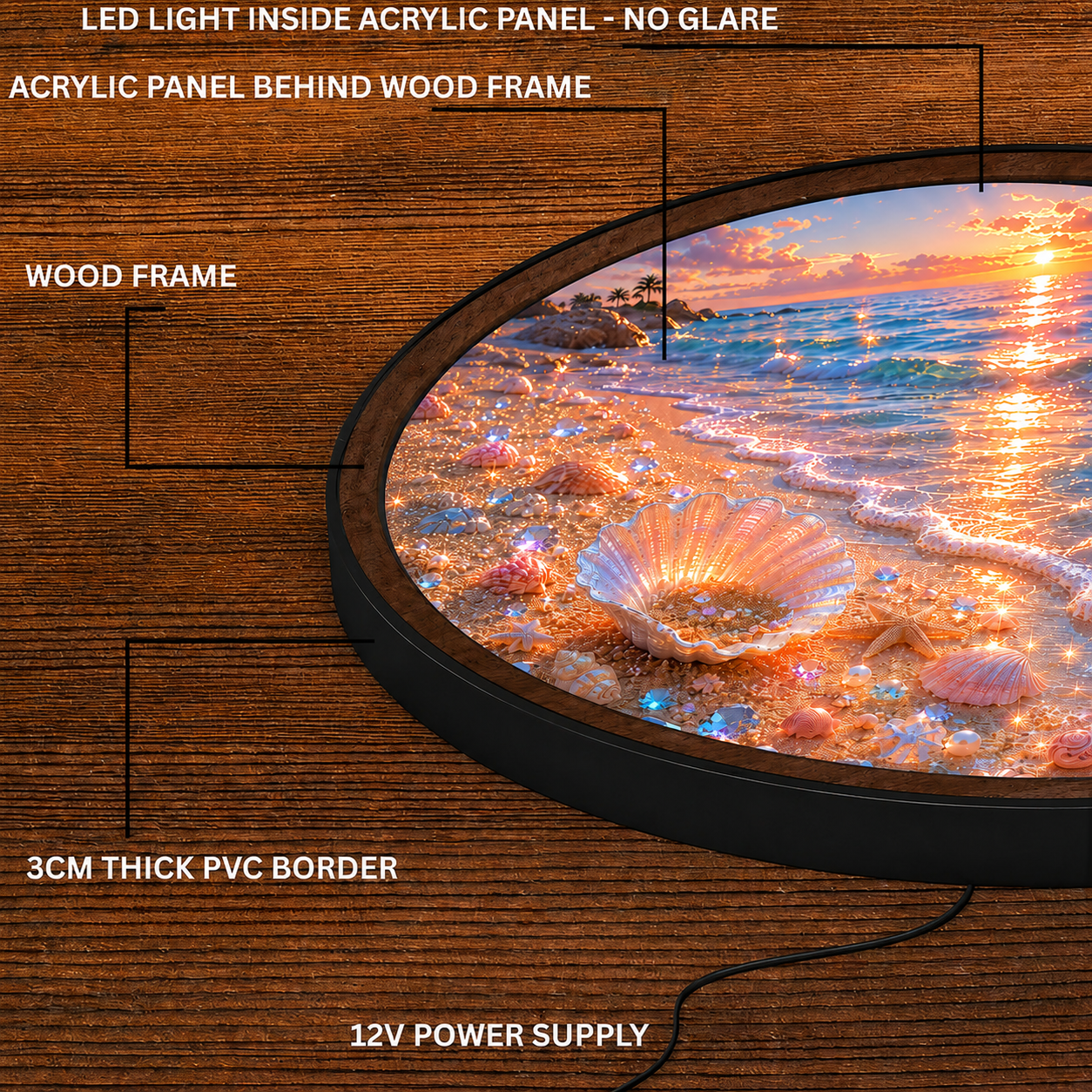 Handmade LED Seashell Beach Wall Art - Wooden Frame Acrylic Lamp Decor LED011