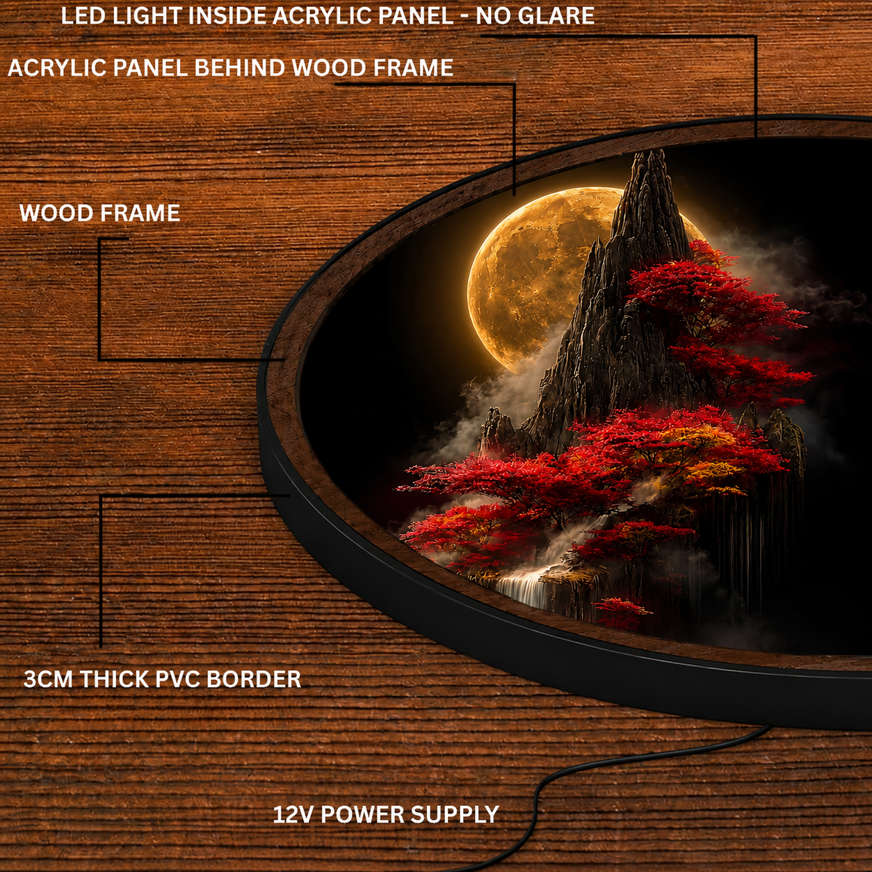 Handmade LED Moonlit Mountain Wall Art - Wooden Frame Acrylic Lamp Decor LED038