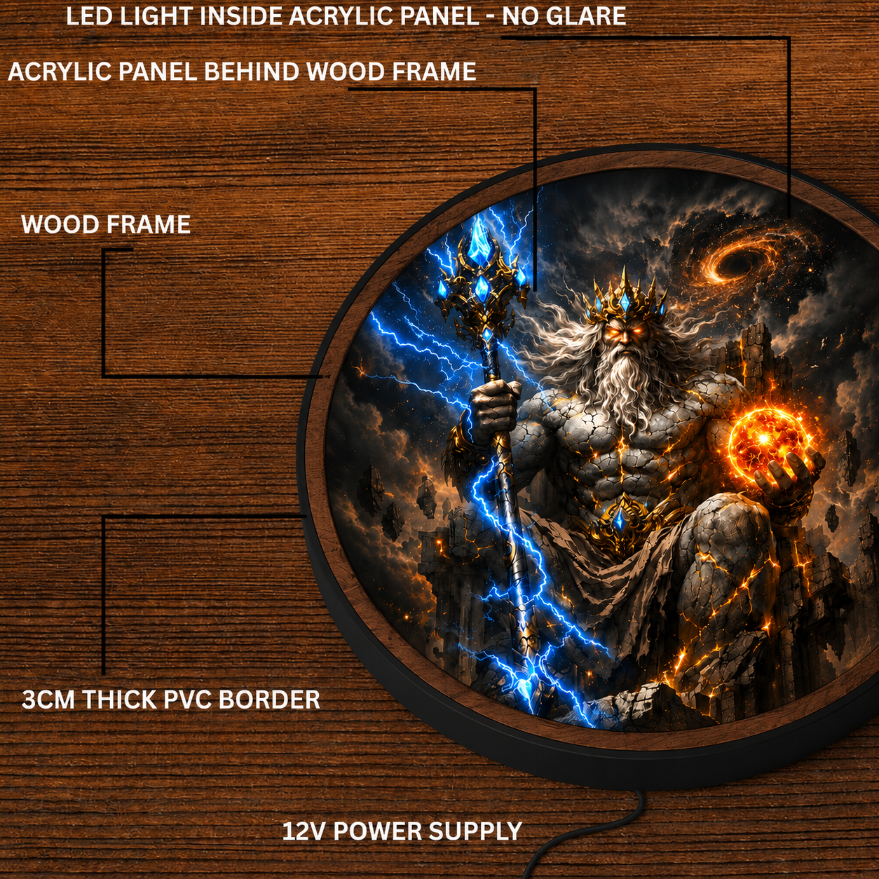 Handmade LED Fantasy Majestic God Wall Art - Wooden Frame Acrylic Lamp Decor LED050