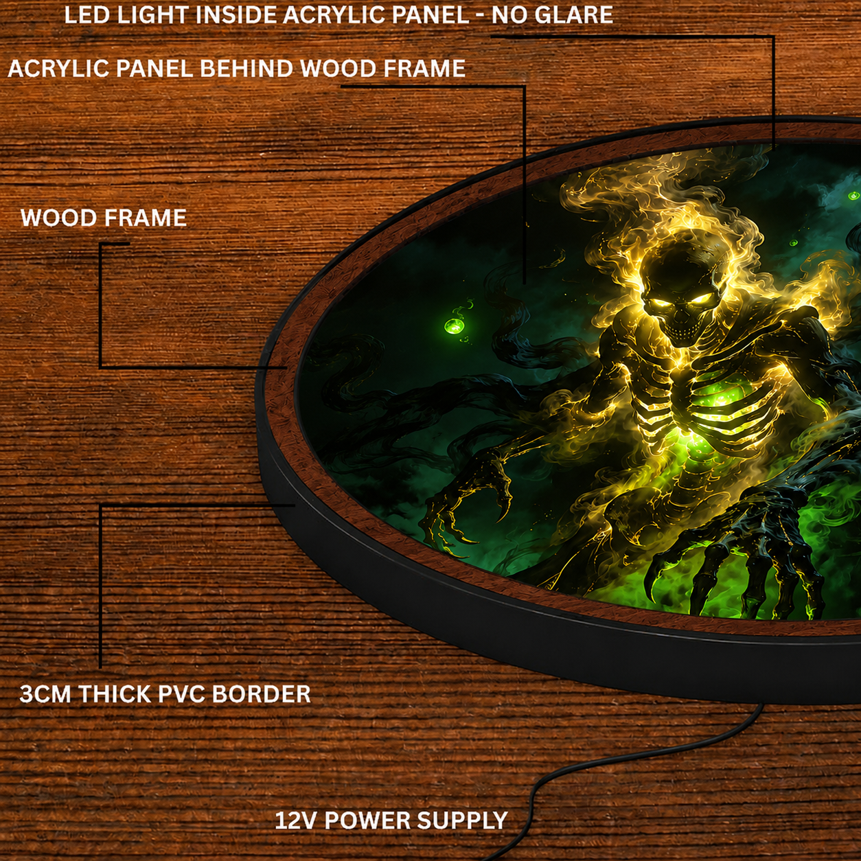 Handmade LED Fantasy Skeleton Wall Art - Wooden Frame Acrylic Lamp Decor LED044