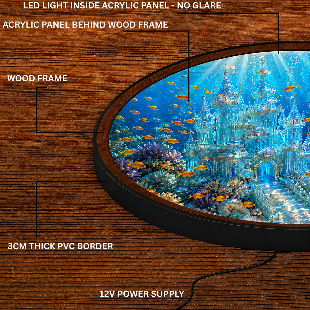 Handmade LED Underwater Castle Wall Art - Ocean Fantasy Wooden Frame Lamp Decor LED009