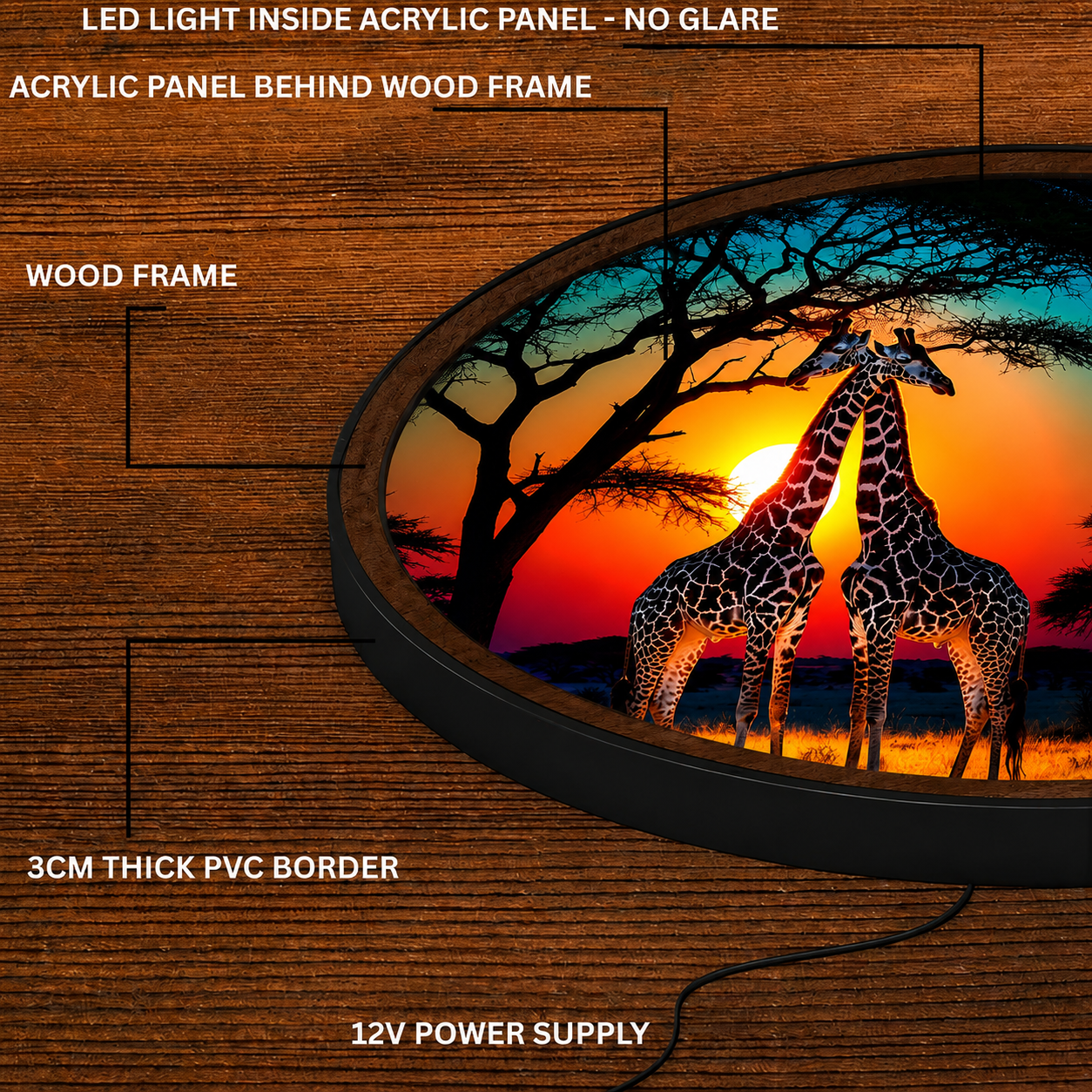 Handmade LED Giraffe Sunset Wall Art - Safari Wooden Frame Acrylic Lamp Decor LED020