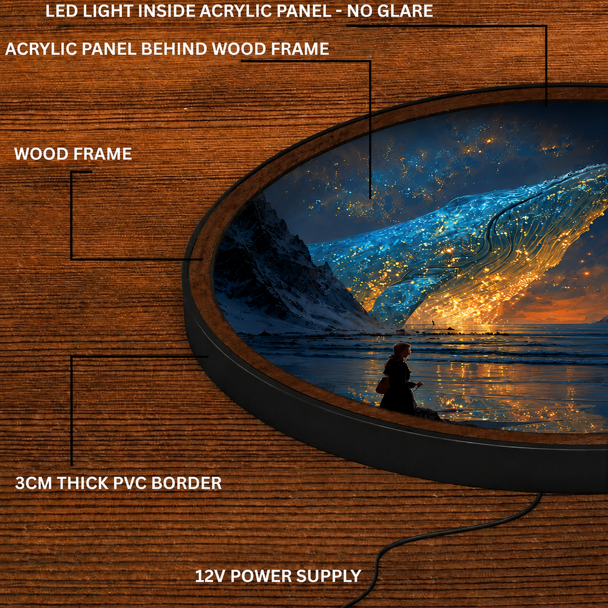 Handmade LED Fantasy Whale Wall Art - Glowing Wooden Frame Acrylic Lamp Decor LED010