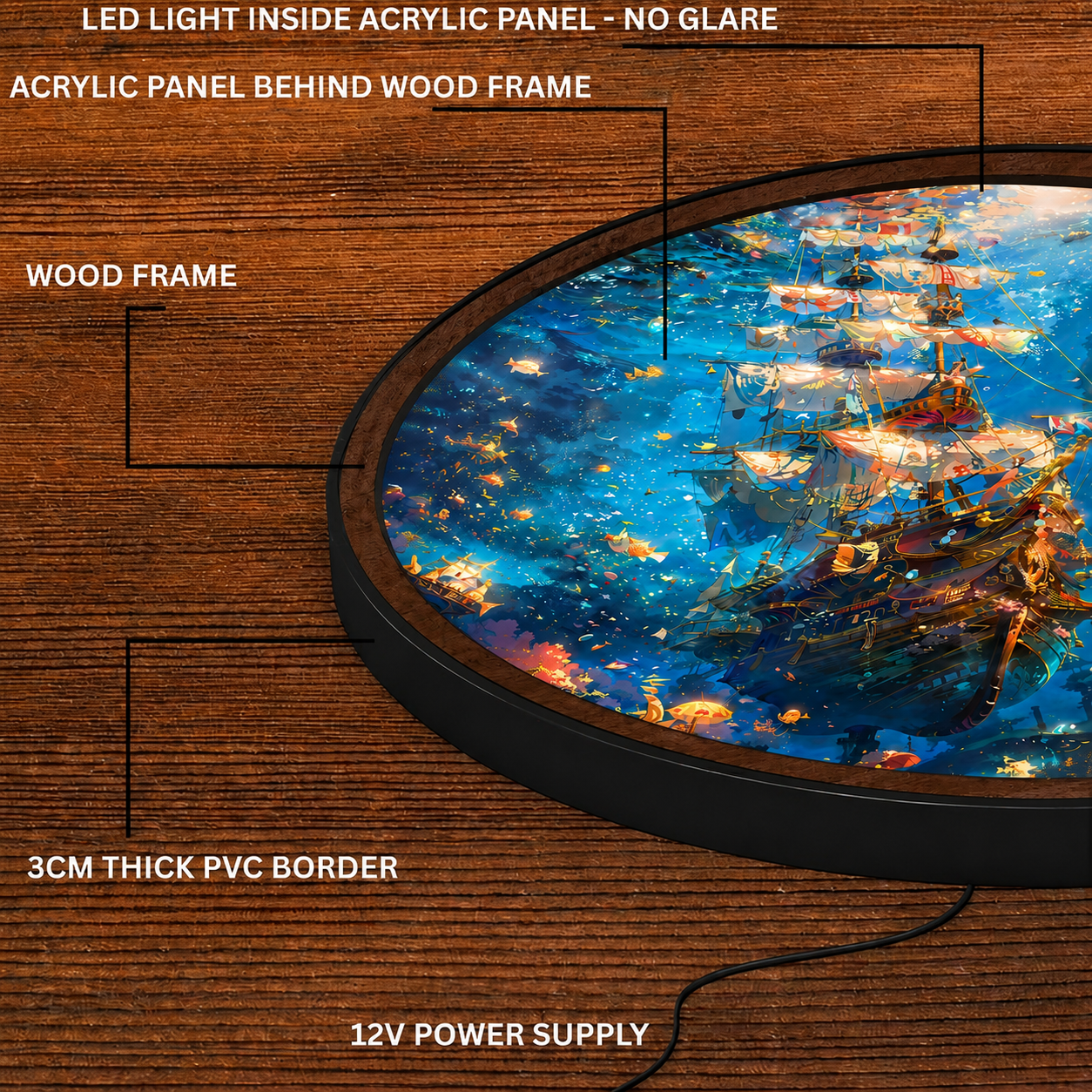 Handmade LED Fantasy Ship Wall Art - Wooden Frame Acrylic Lamp Decor LED003