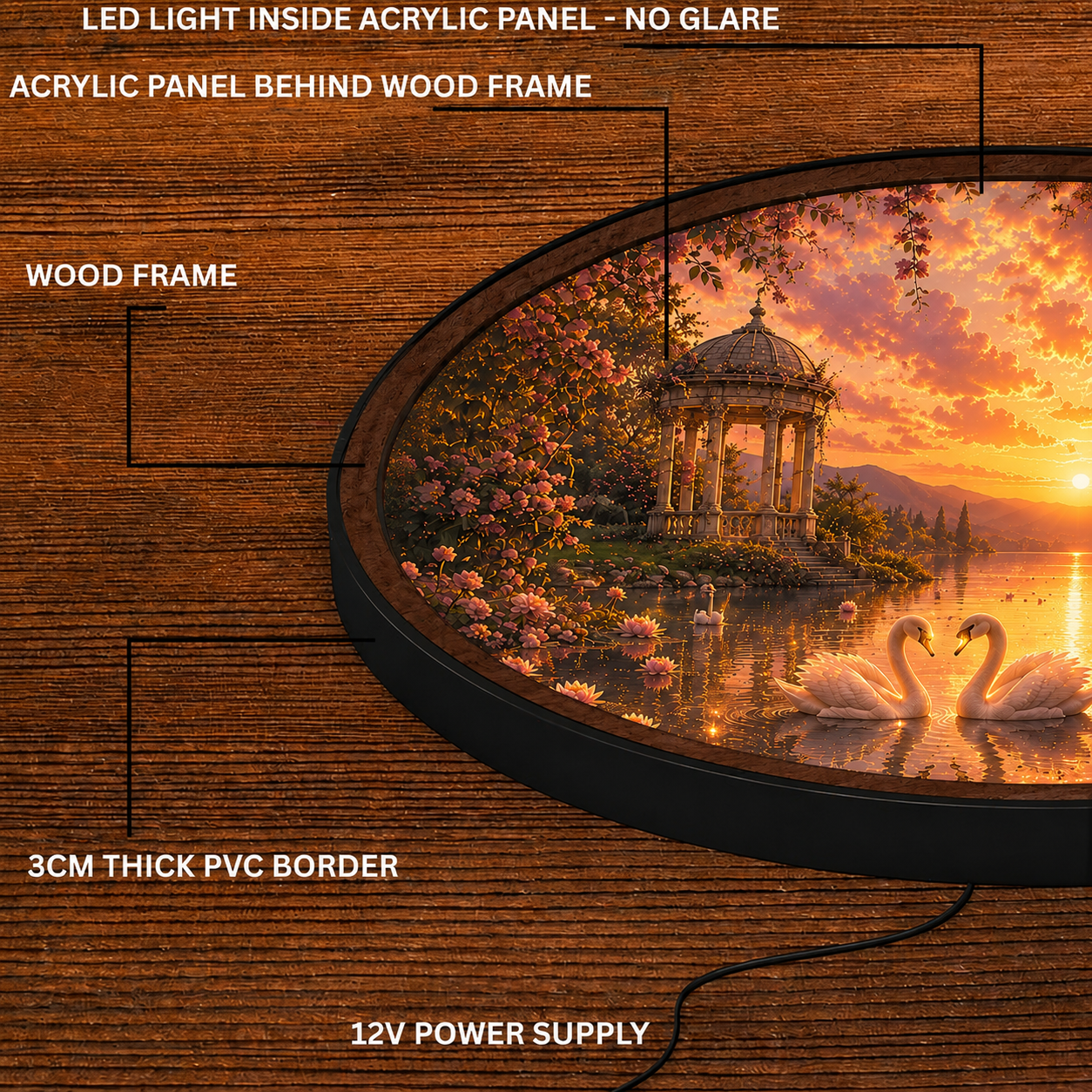 Handmade LED Swan Sunset Wall Art - Wildlife Lake Wooden Frame Acrylic Lamp Decor LED040