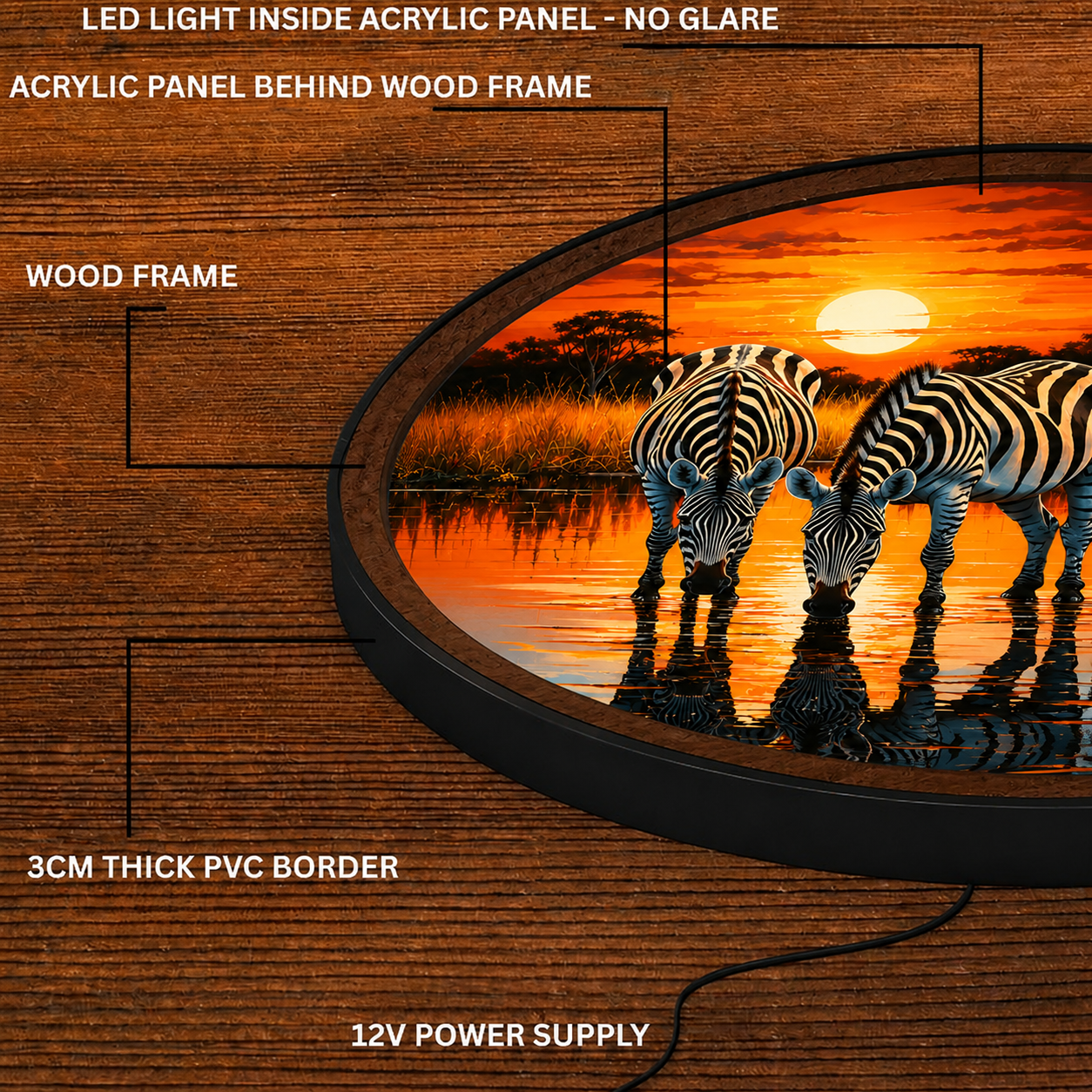 Handmade LED Zebra Sunset Wall Art - Wooden Frame Acrylic Lamp Decor LED054
