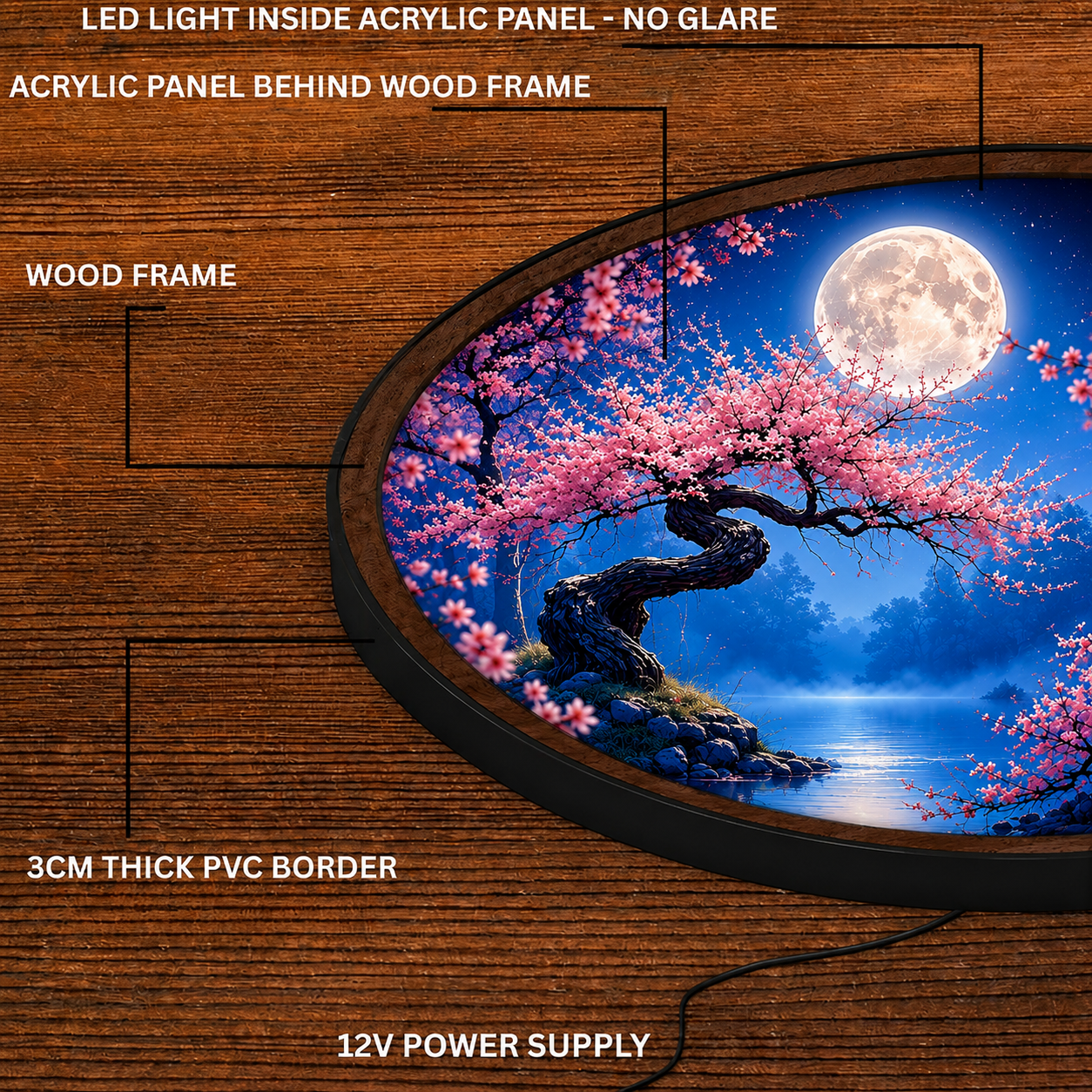 Handmade LED Moonlit Cherry Blossom Wall Art - Wooden Frame Acrylic Lamp Decor LED037