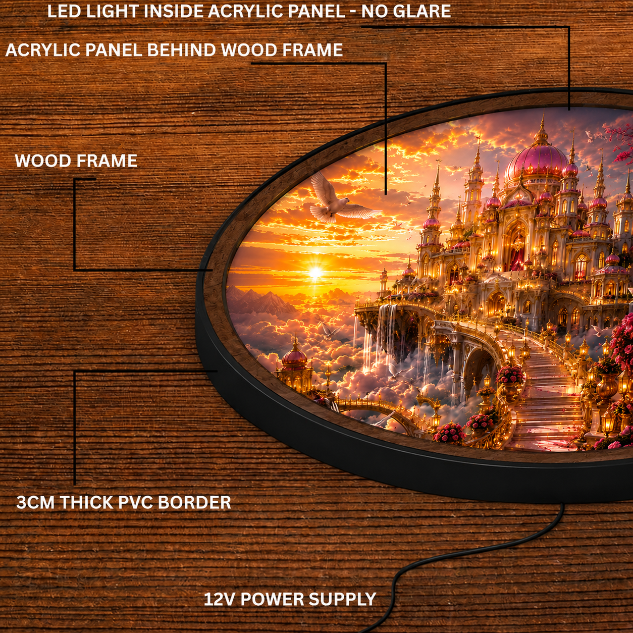 Handmade LED Fantasy Palace Wall Art - Wooden Frame Acrylic Lamp Decor LED028