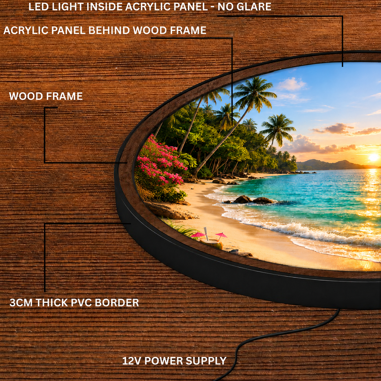 Handmade LED Tropical Beach Wall Art - Ocean Sunset Wooden Frame Lamp Decor LED007