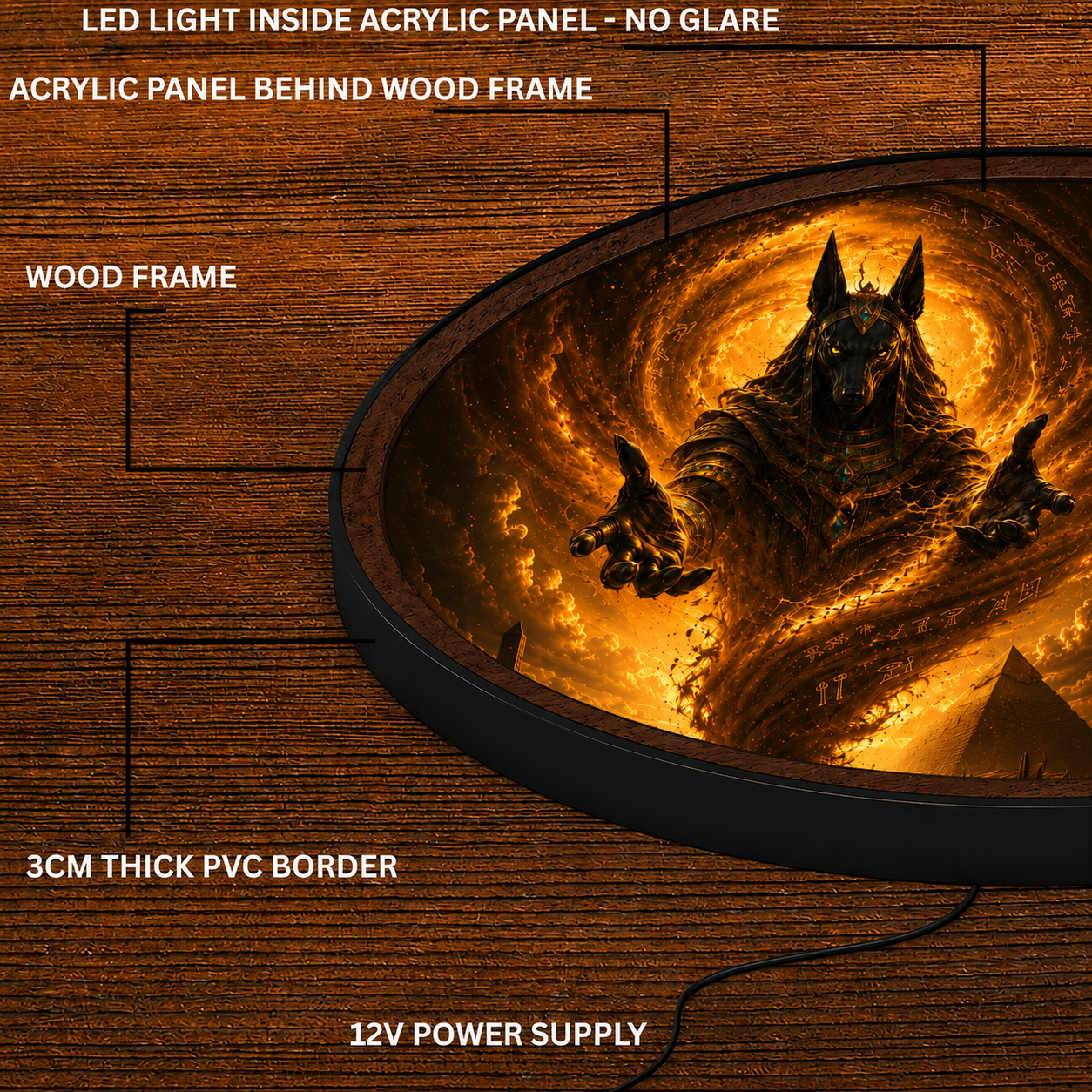Handmade LED Fantasy Anubis Wall Art - Wooden Frame Acrylic Lamp Decor LED048
