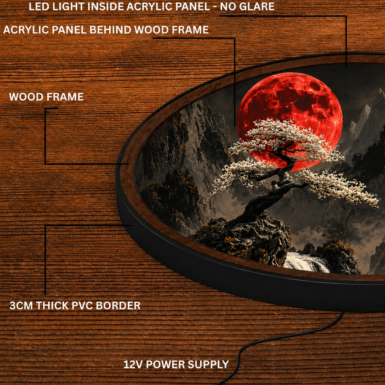 Handmade LED Blood Moon Bonsai Wall Art - Wooden Frame Acrylic Lamp Decor LED053