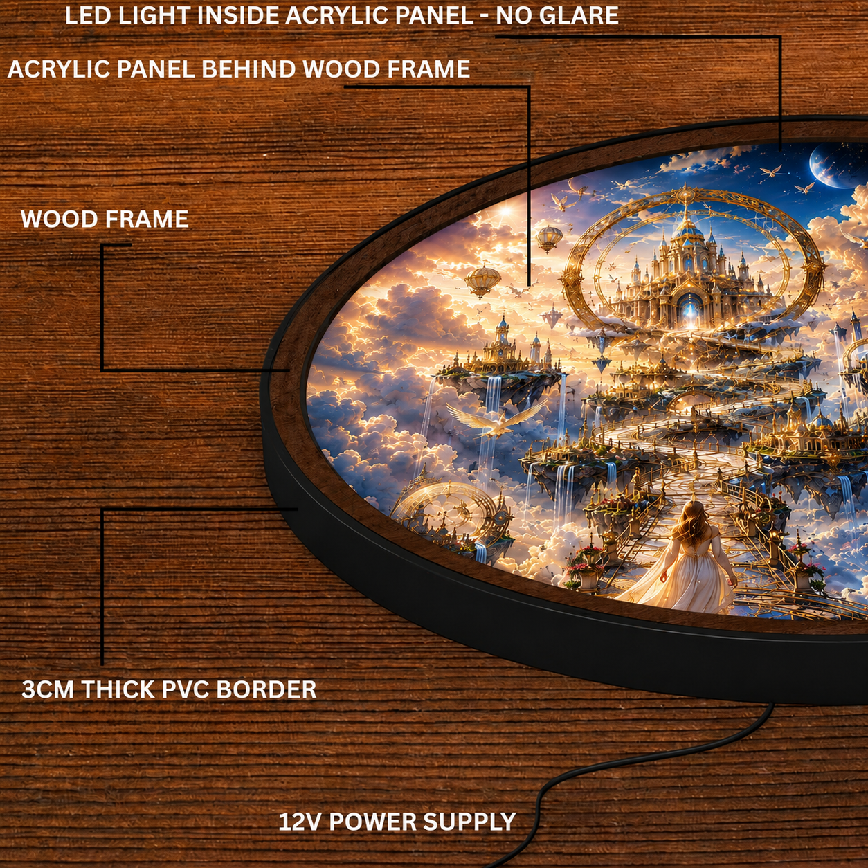 Handmade LED Fantasy Sky Kingdom Wall Art - Wooden Frame Acrylic Lamp Decor LED025
