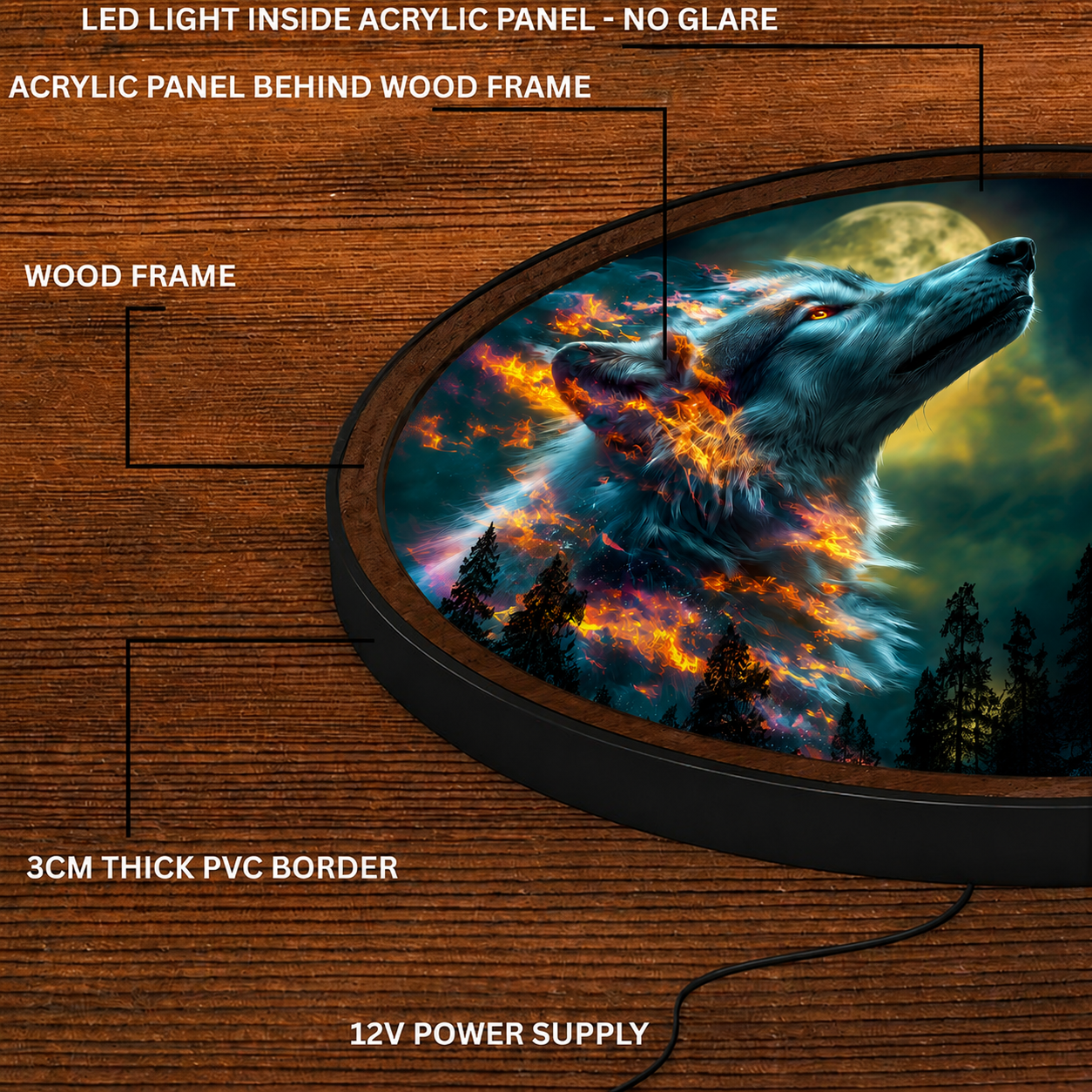 Handmade LED Fantasy Wolf Moon Wall Art - Wooden Frame Acrylic Lamp Decor LED031