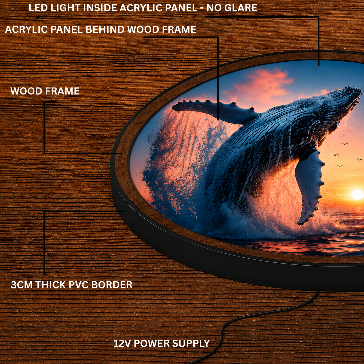 Handmade LED Humpback Whale Wall Art - Ocean Wooden Frame Acrylic Lamp Decor LED018