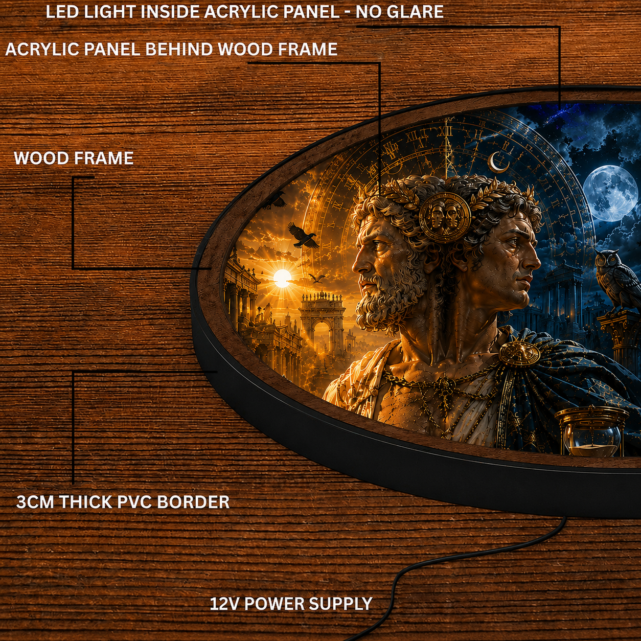Handmade LED Fantasy Timekeeper Wall Art - Wooden Frame Acrylic Lamp Decor LED058
