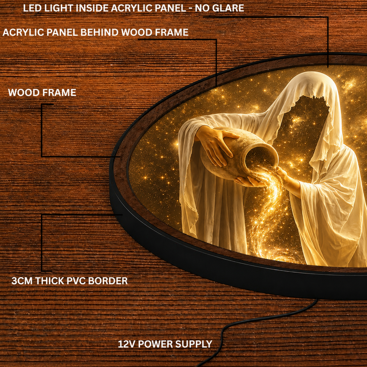 Handmade LED Fantasy Celestial Figure Wall Art - Wooden Frame Acrylic Lamp Decor LED056