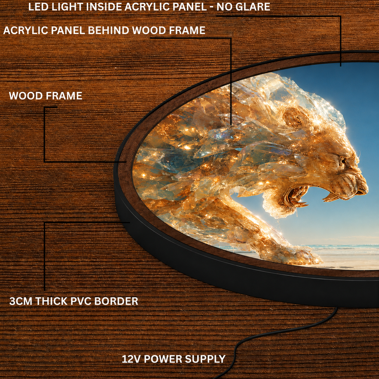 Handmade LED Crystal Lion Wall Art - Wooden Frame Acrylic Lamp Decor LED047