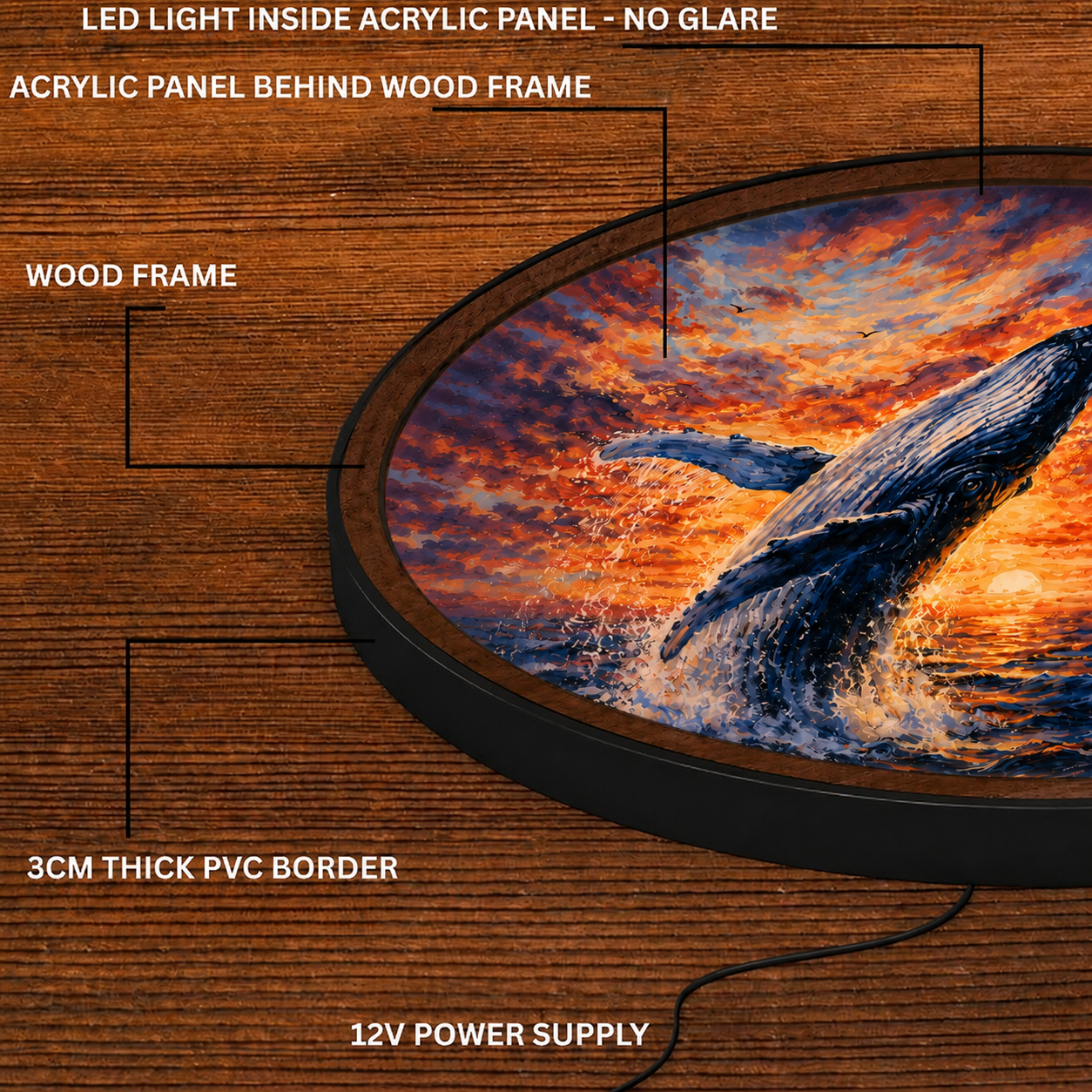 Handmade LED Humpback Whale Wall Art - Ocean Sunset Wooden Frame Lamp Decor LED004