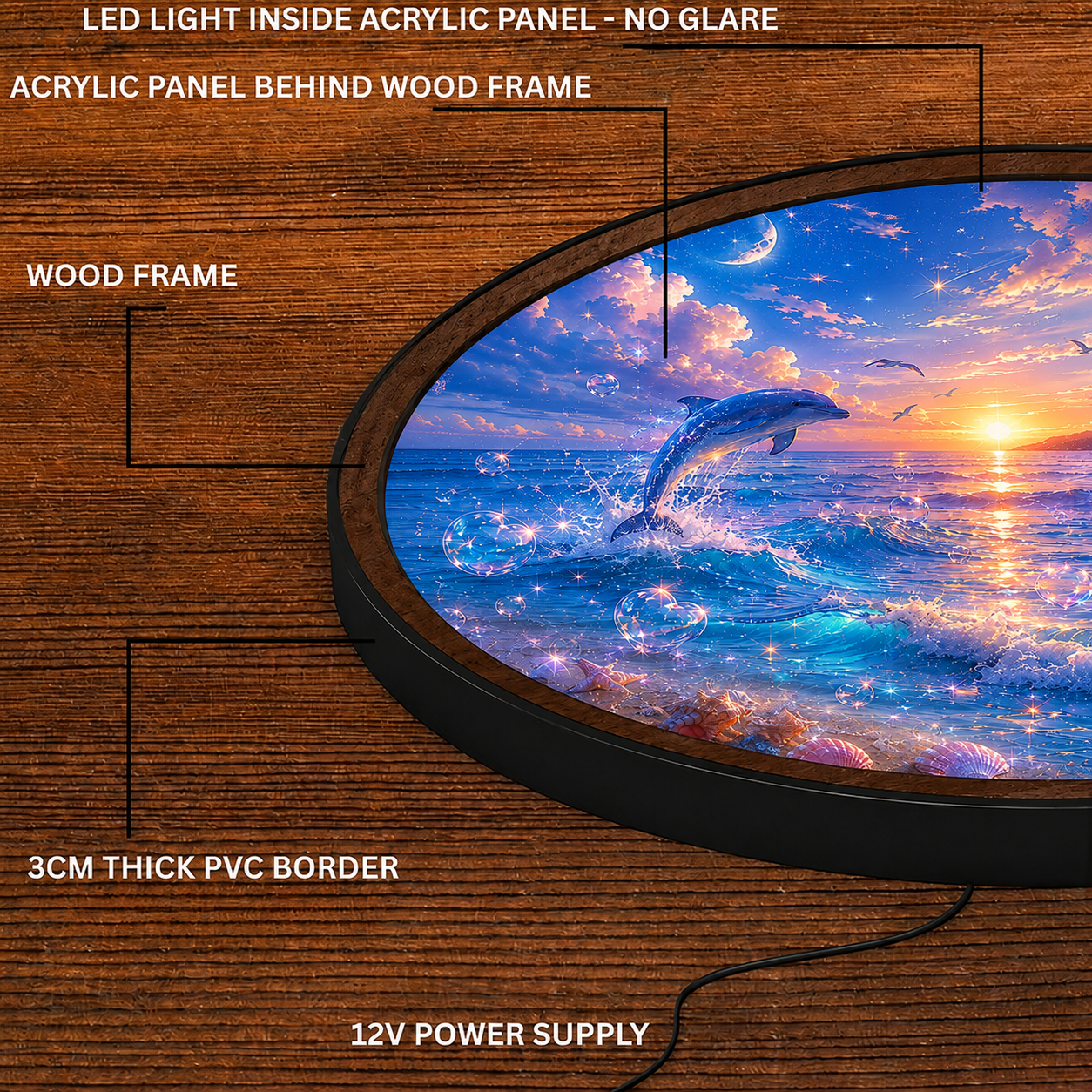 Handmade LED Dolphin Sunset Wall Art - Wooden Frame Acrylic Lamp Decor LED013