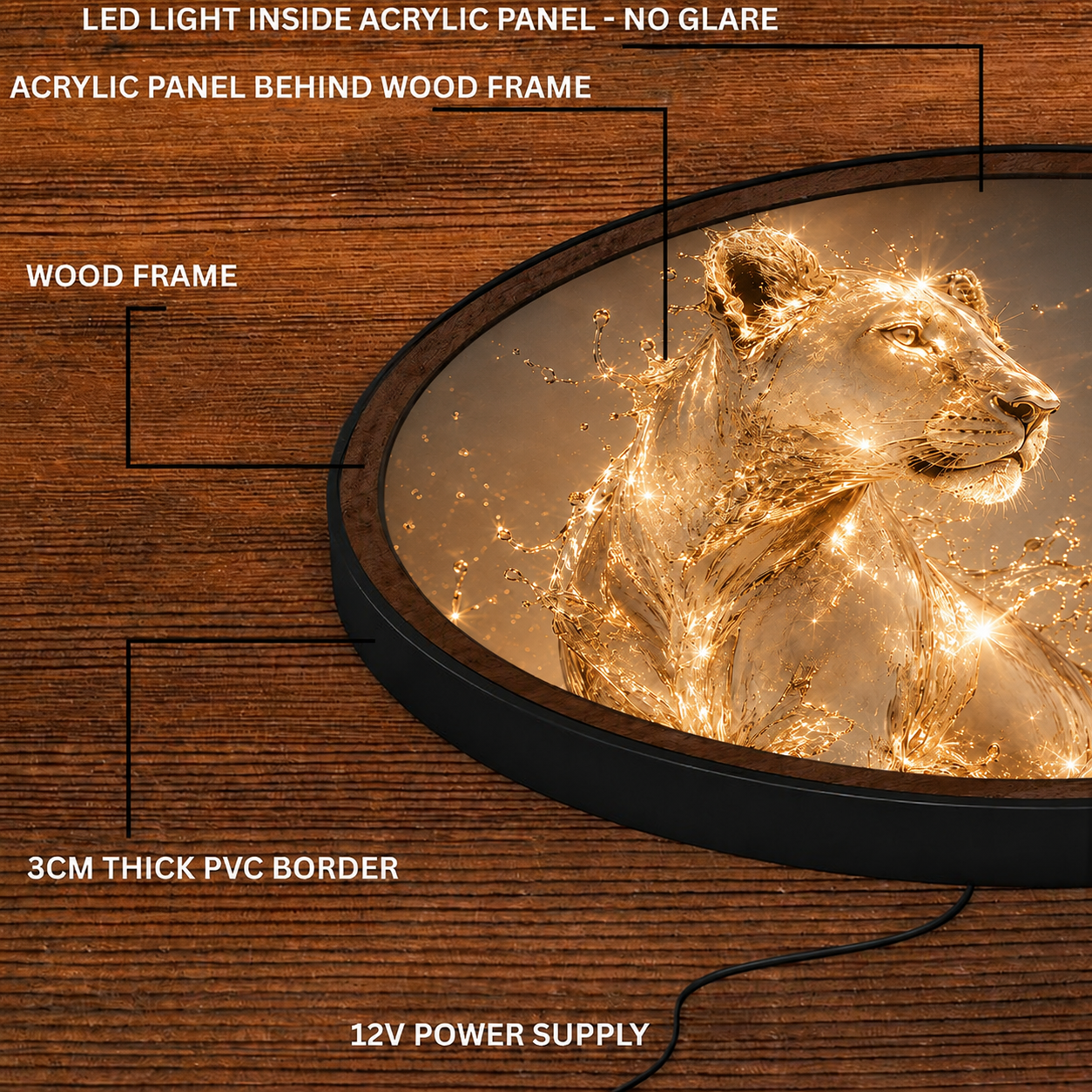 Handmade LED Artistic Lion Wall Art - Wooden Frame Acrylic Lamp Decor LED036
