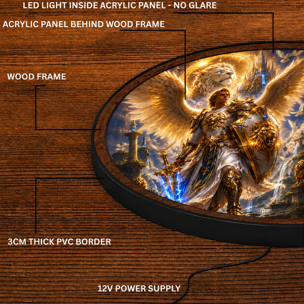 Handmade LED Fantasy Angel Warrior Wall Art - Wooden Frame Acrylic Lamp Decor LED043