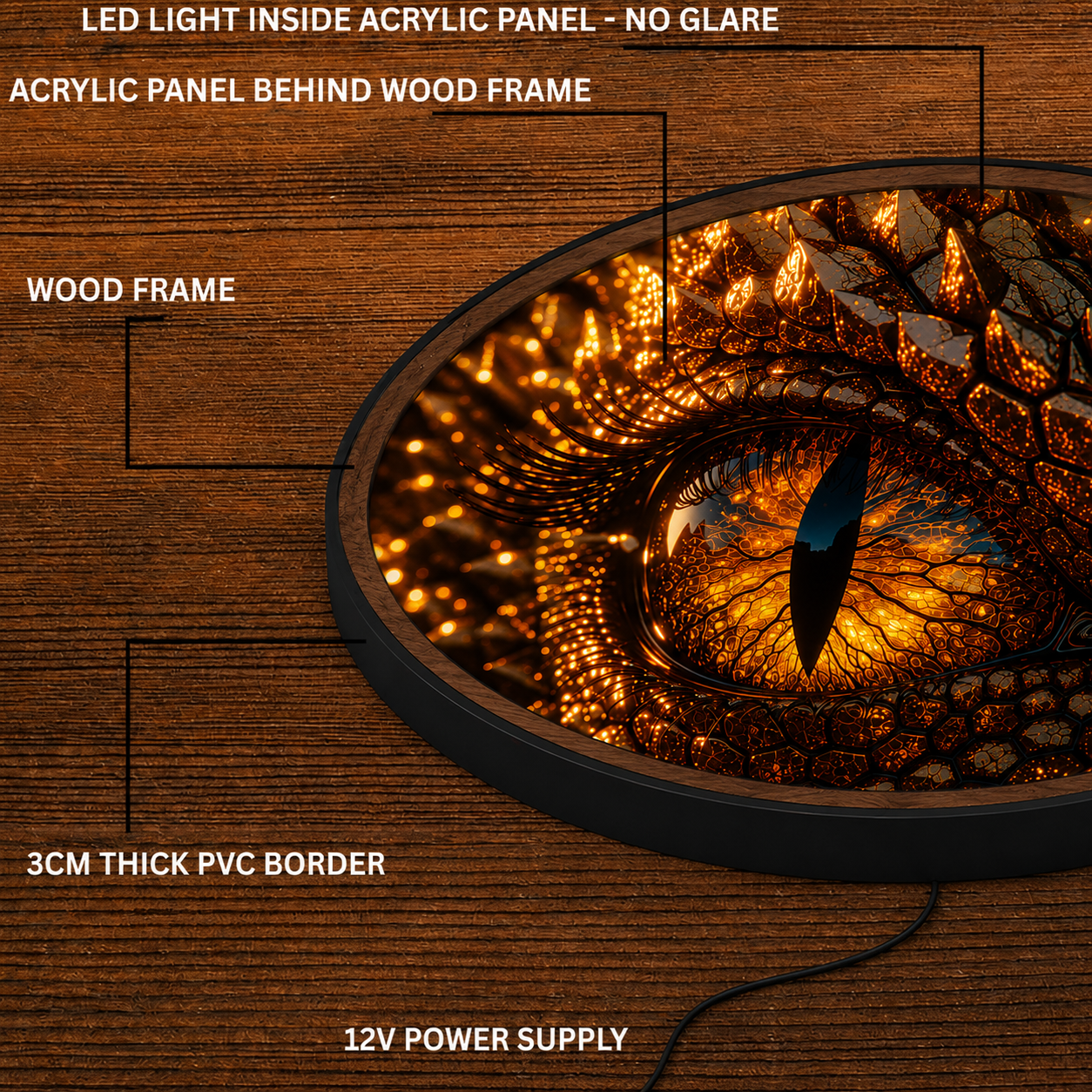 Handmade LED Fantasy Dragon Eye Wall Art - Wooden Frame Acrylic Lamp Decor LED051