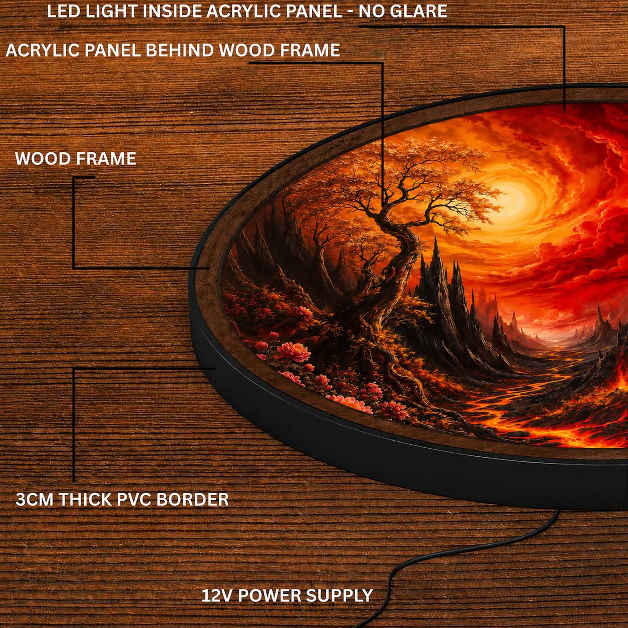 Handmade LED Fantasy Inferno Wall Art - Wooden Frame Acrylic Lamp Decor LED042