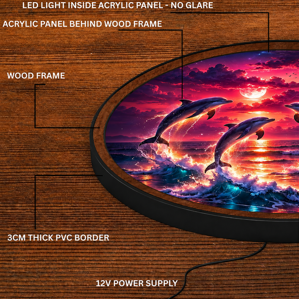 Handmade LED Dolphin Moon Wall Art - Ocean Sunset Wooden Frame Lamp Decor LED006