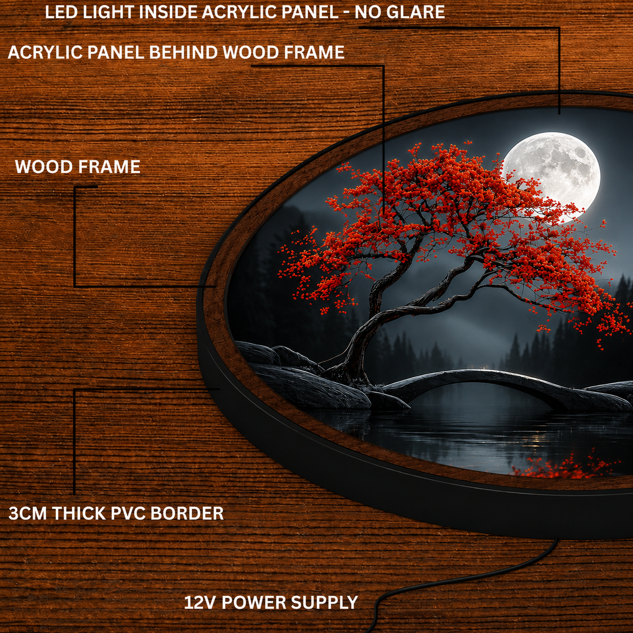 Handmade LED Moonlit Maple Wall Art - Wooden Frame Acrylic Lamp Decor LED035