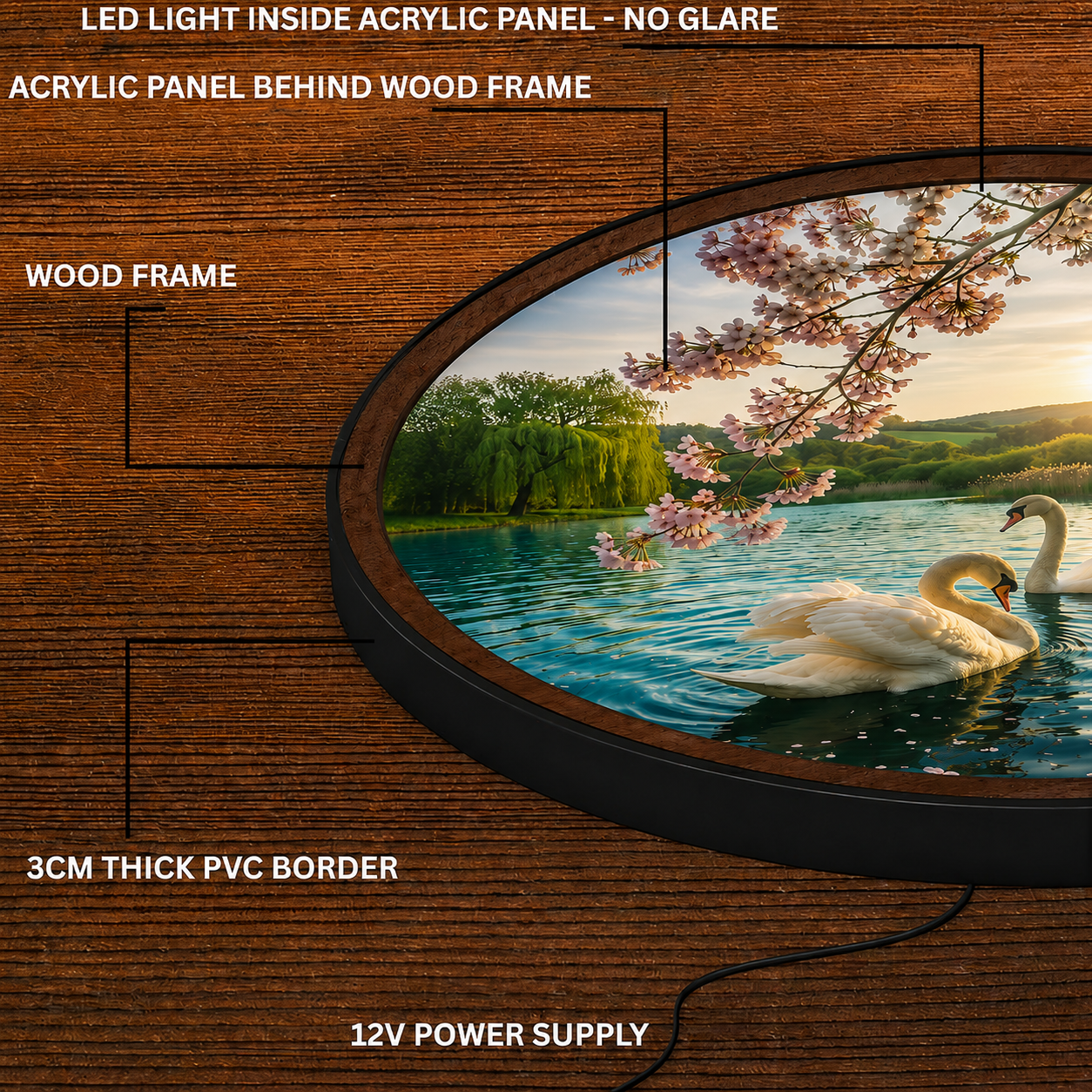 Handmade LED Swan Lake Wall Art - Wooden Frame Acrylic Lamp Decor LED016